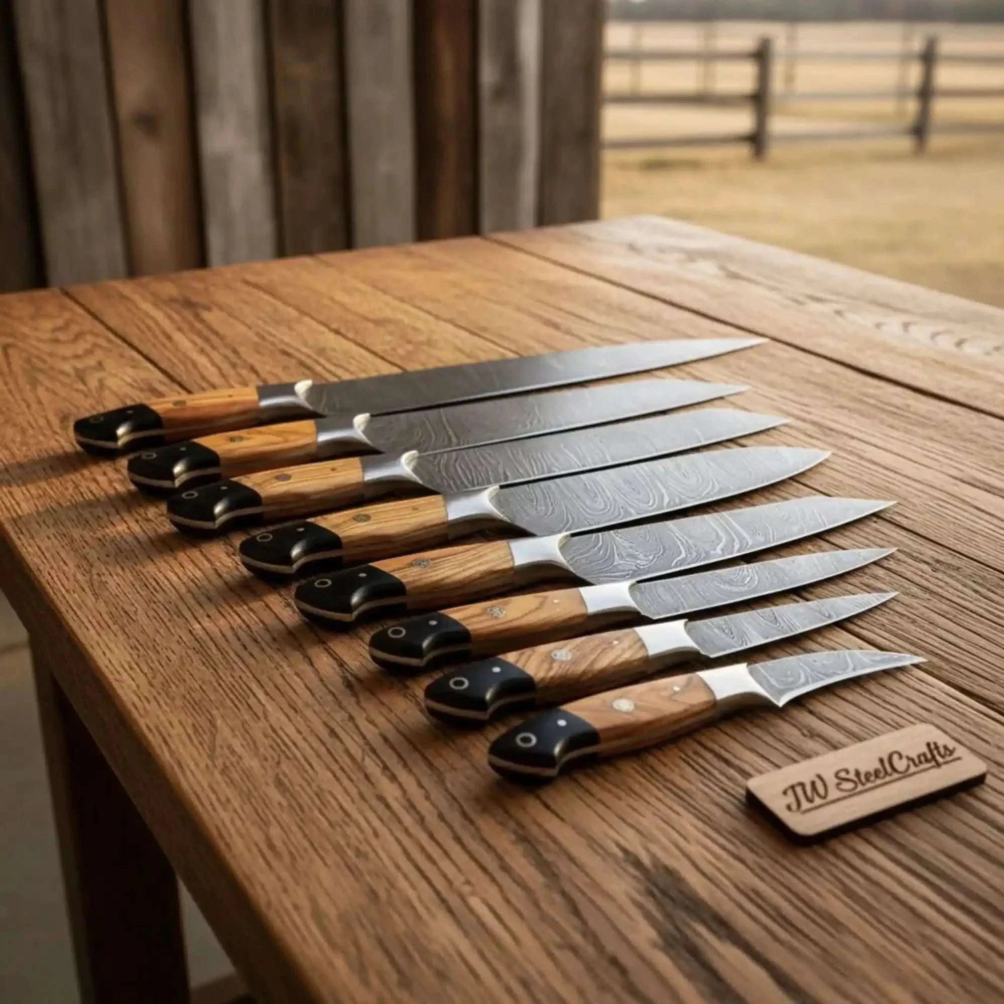 Palmarius Outdoors 8-Piece Damascus Fillet and Precision Knife Set — Olive Wood and Black Resin Handles Handmade Chef Knife Sets