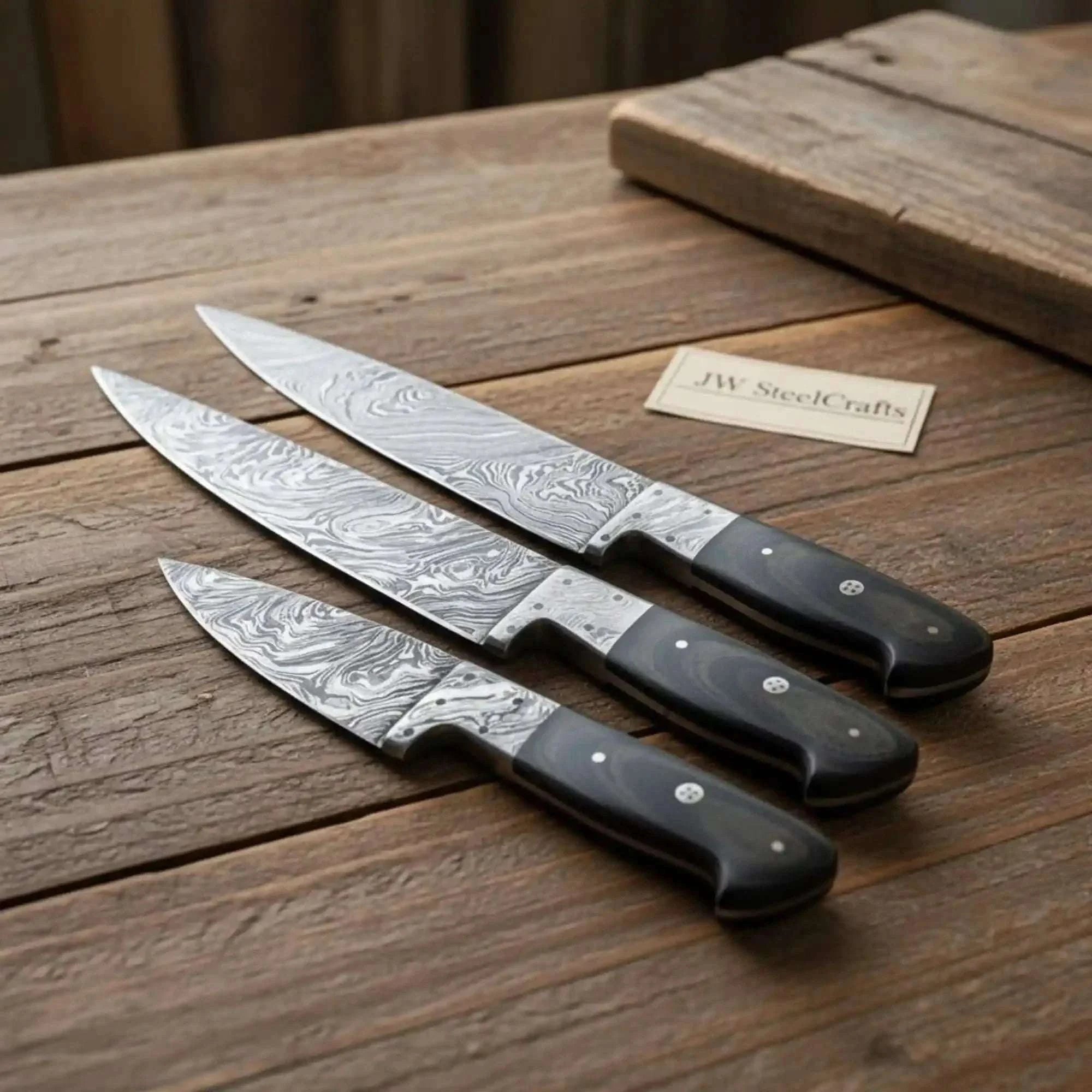 Palmarius Outdoors 3-Piece Damascus Gyuto Chef Knife Set with Black Pakka Wood Handles Handmade Chef Knife Sets