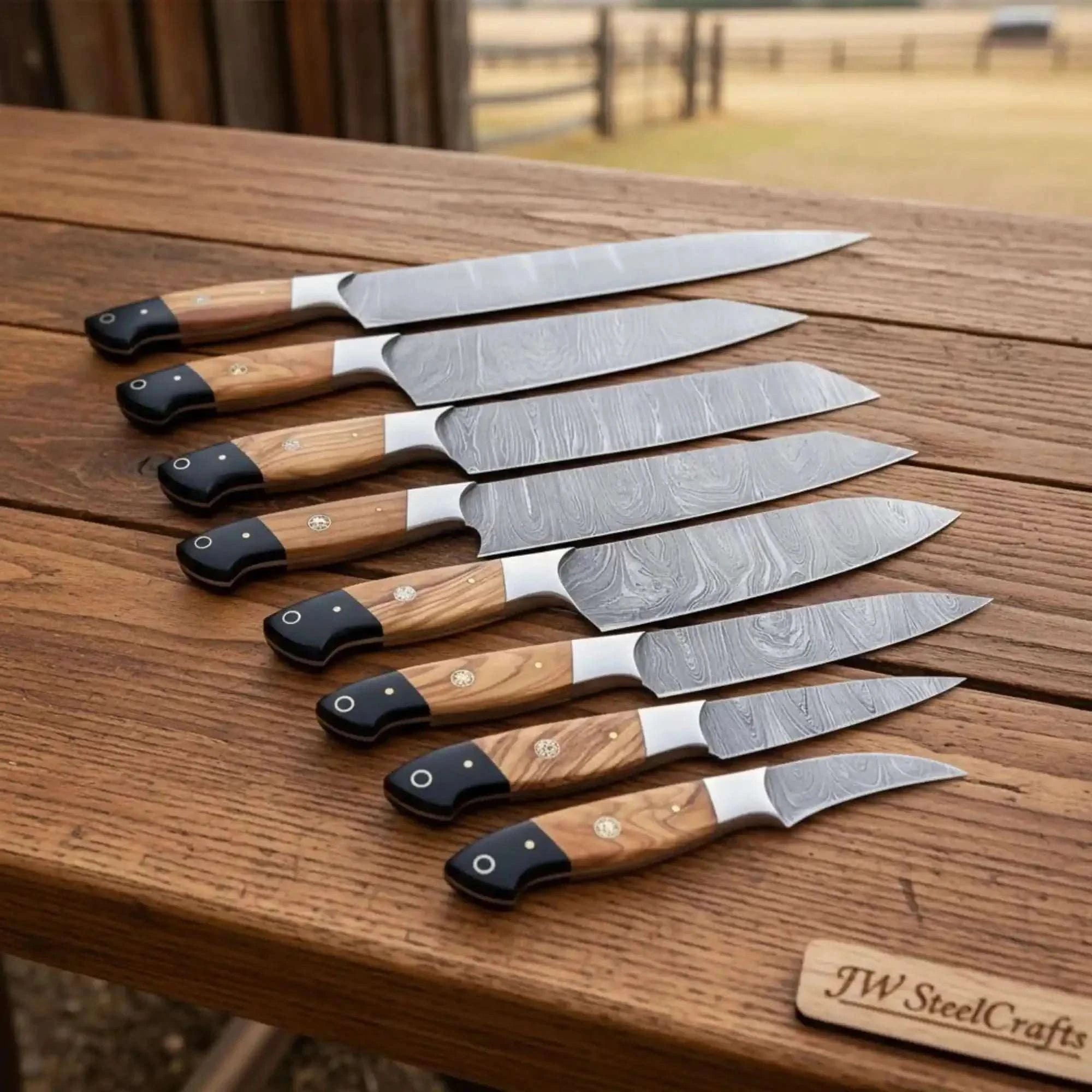 Palmarius Outdoors 7-Piece Full Tang Damascus Gyuto Knife Set Olive Wood Handles Handmade Chef Knife Sets