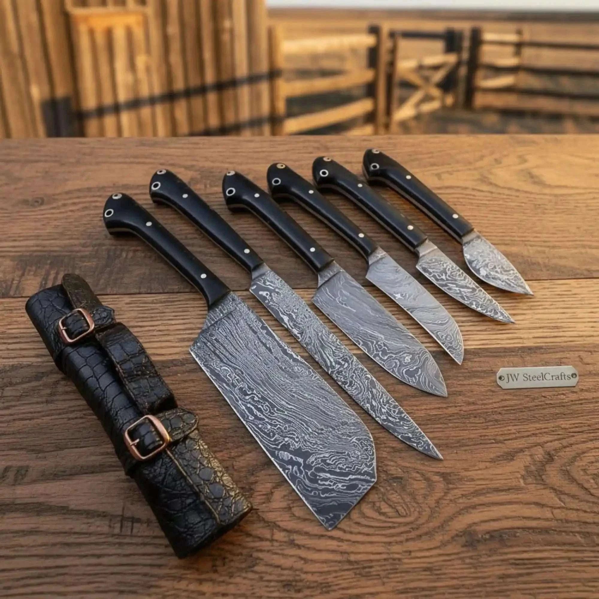 Palmarius Outdoors 6-Piece Damascus Japanese Chef Collection with Wood Grain Damascus Blades Handmade Chef Knife Sets