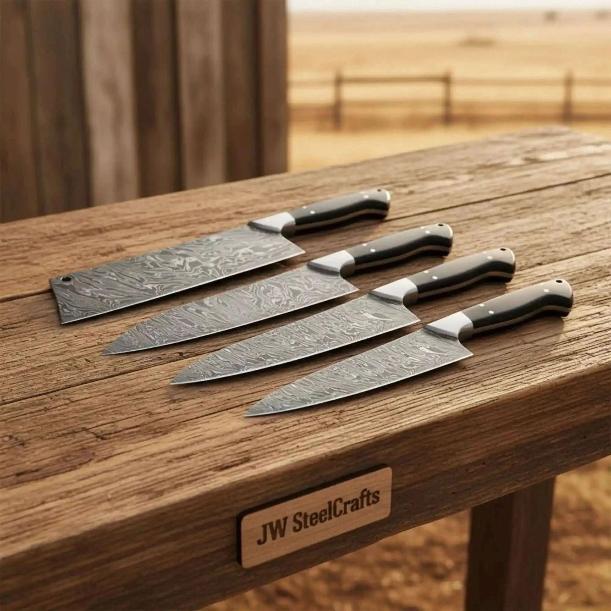 Palmarius Outdoors 4-Piece Damascus Japanese Knife Quartet with Black Pakka Wood Handles Handmade Chef Knife Sets