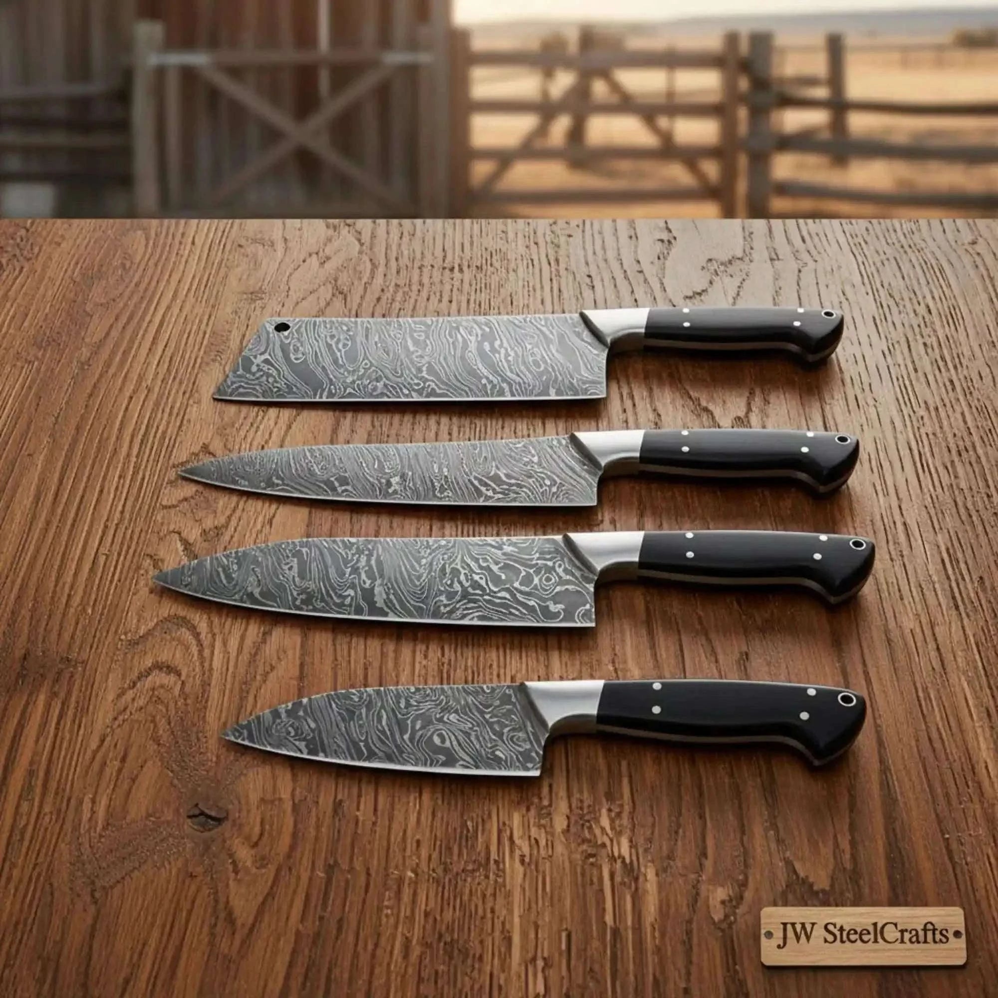 Palmarius Outdoors 4-Piece Damascus Japanese Knife Quartet with Black Pakka Wood Handles Handmade Chef Knife Sets