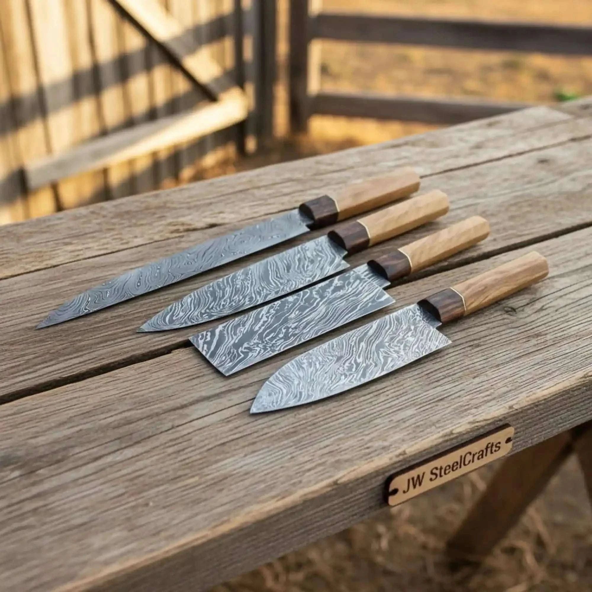 Palmarius Outdoors 4-Piece Damascus Kiritsuke Bunka Knife Set — Fire Pattern Blades Handmade Chef Knife Sets