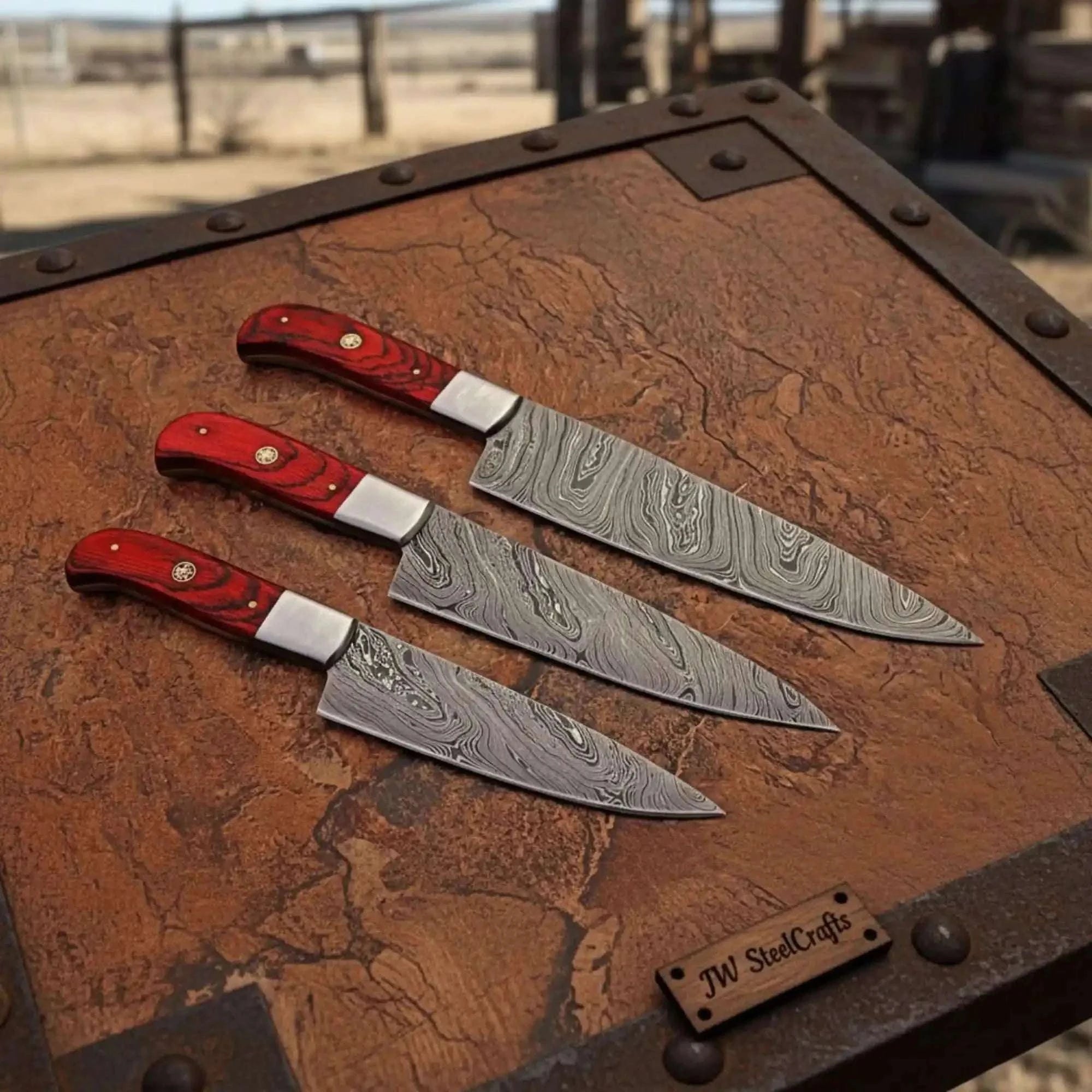 Palmarius Outdoors 3-Piece Damascus Kiritsuke Knife Set Red Pakka Wood Handles Handmade Chef Knife Sets