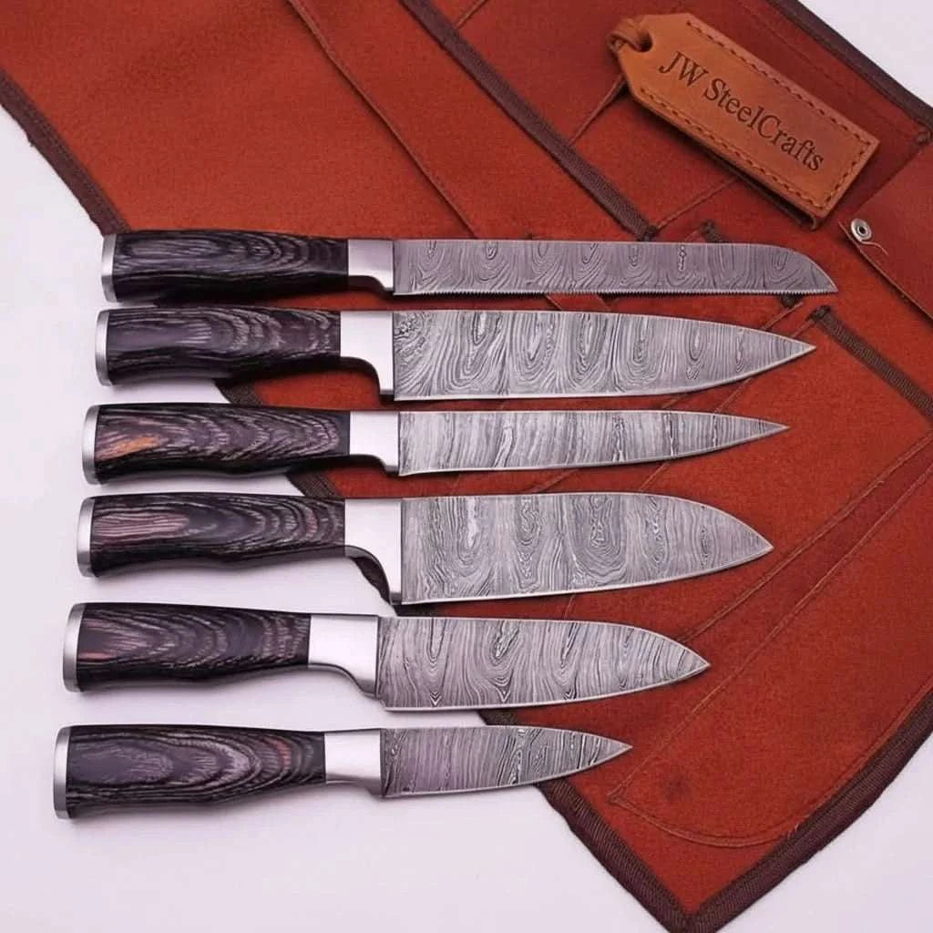 Palmarius Outdoors 6-Piece Ladder Pattern Damascus Knife Set with Black Wood Handles and Steel Bolsters Handmade Chef Knife Sets