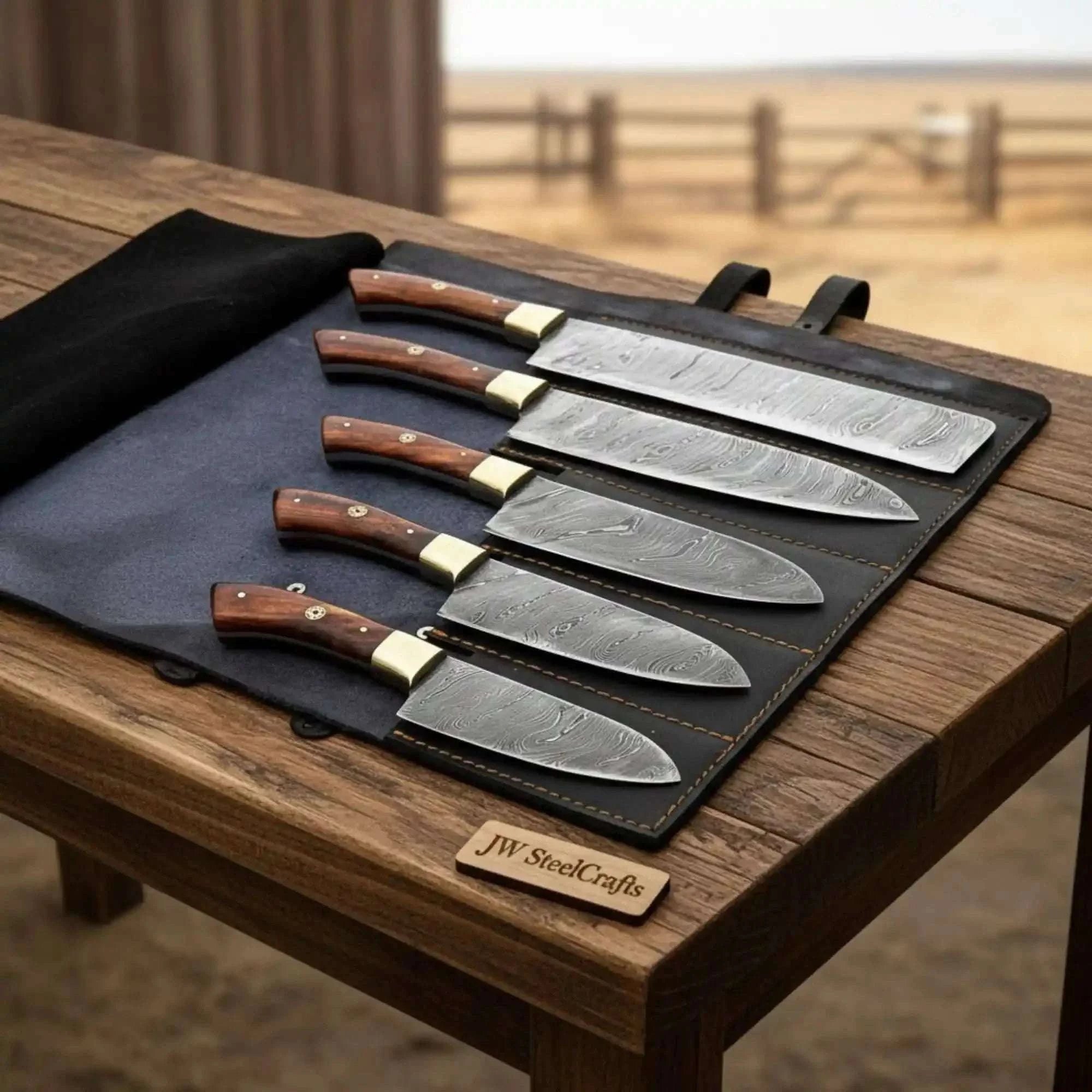 Palmarius Outdoors 5-Piece Damascus Kitchen Knife Set Pakka Wood Leather Roll with Wood Grain Blades Handmade Chef Knife Sets