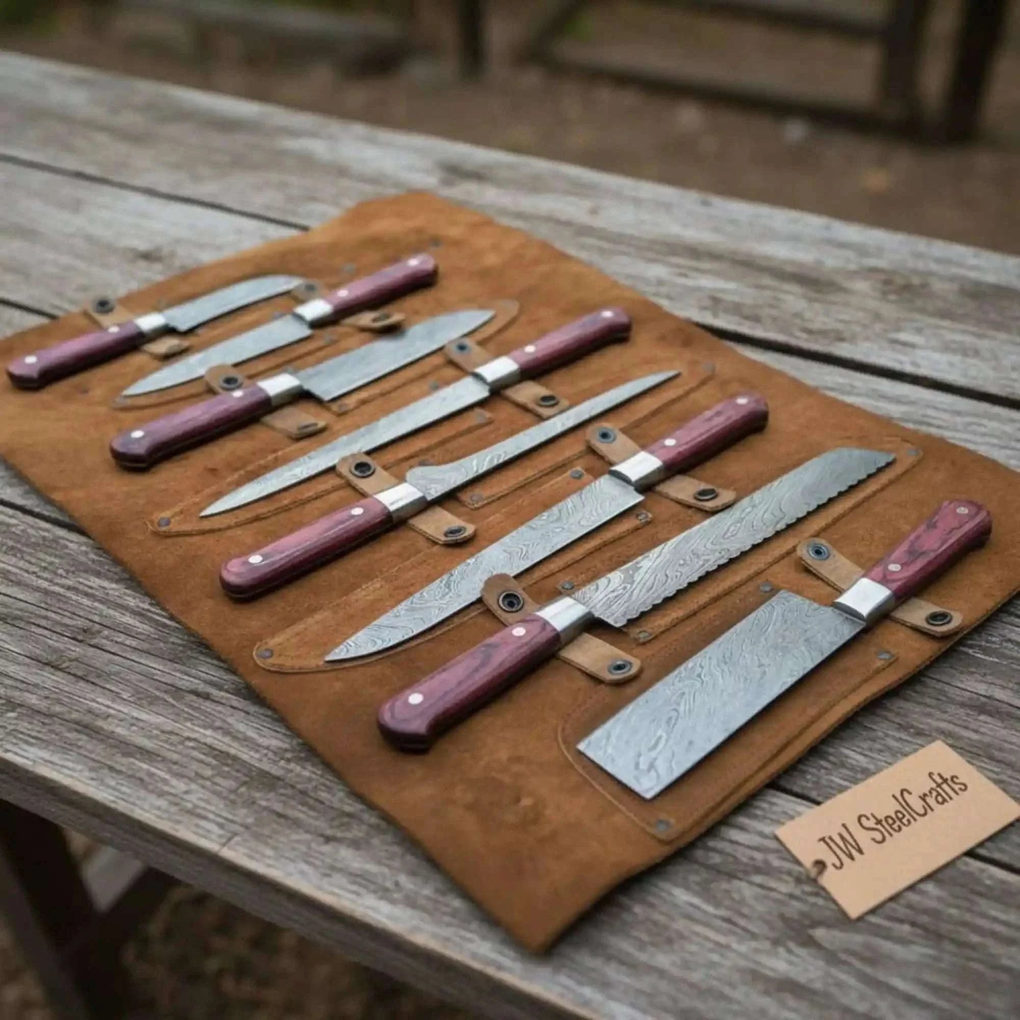 Palmarius Outdoors Premium 8-Piece Damascus Kitchen Knife Set wiith Red Pakka Wood Handles Handmade Chef Knife Sets