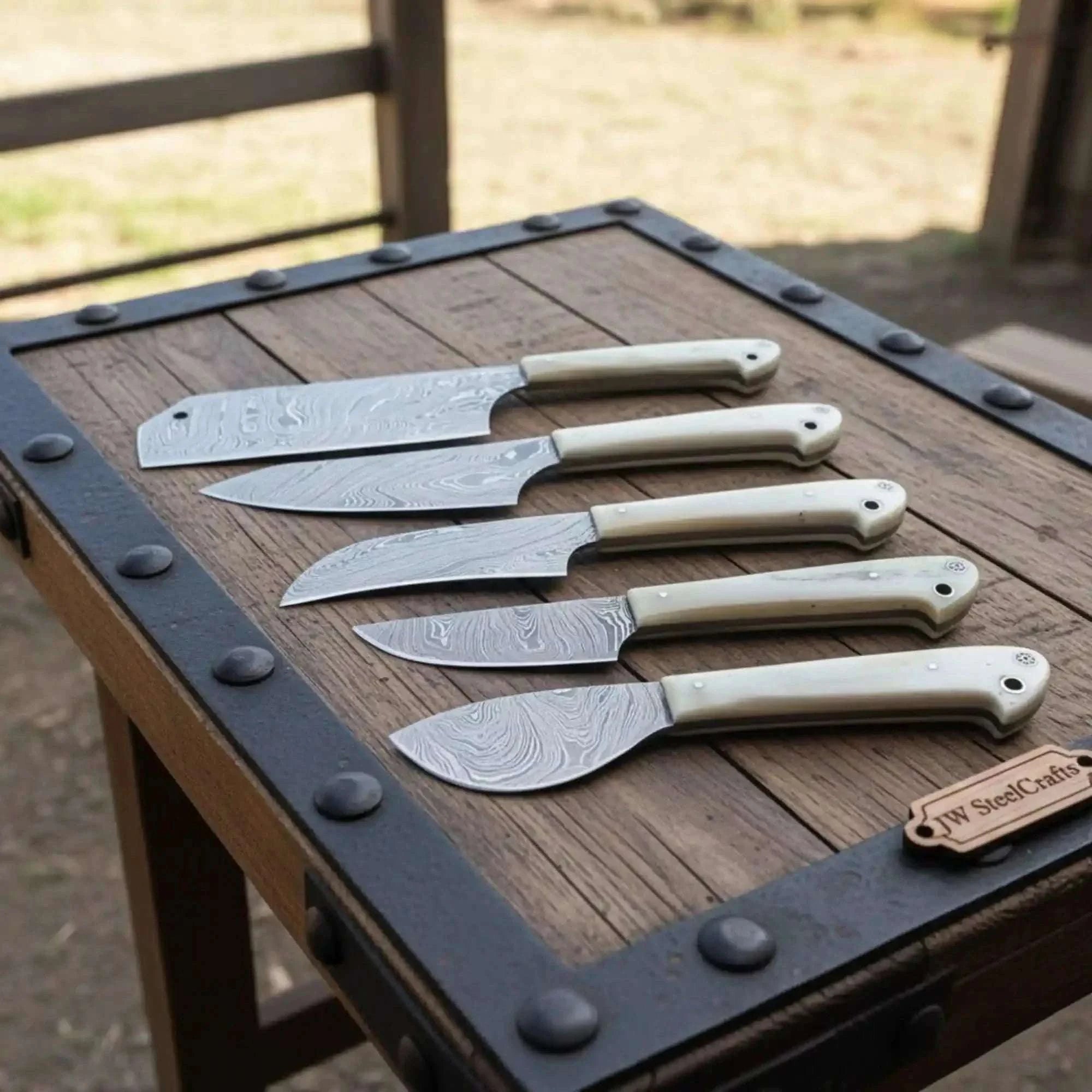 Palmarius Outdoors Handmade 5-Piece Damascus Kitchen Knife Set with White Micarta Handmade Chef Knife Sets