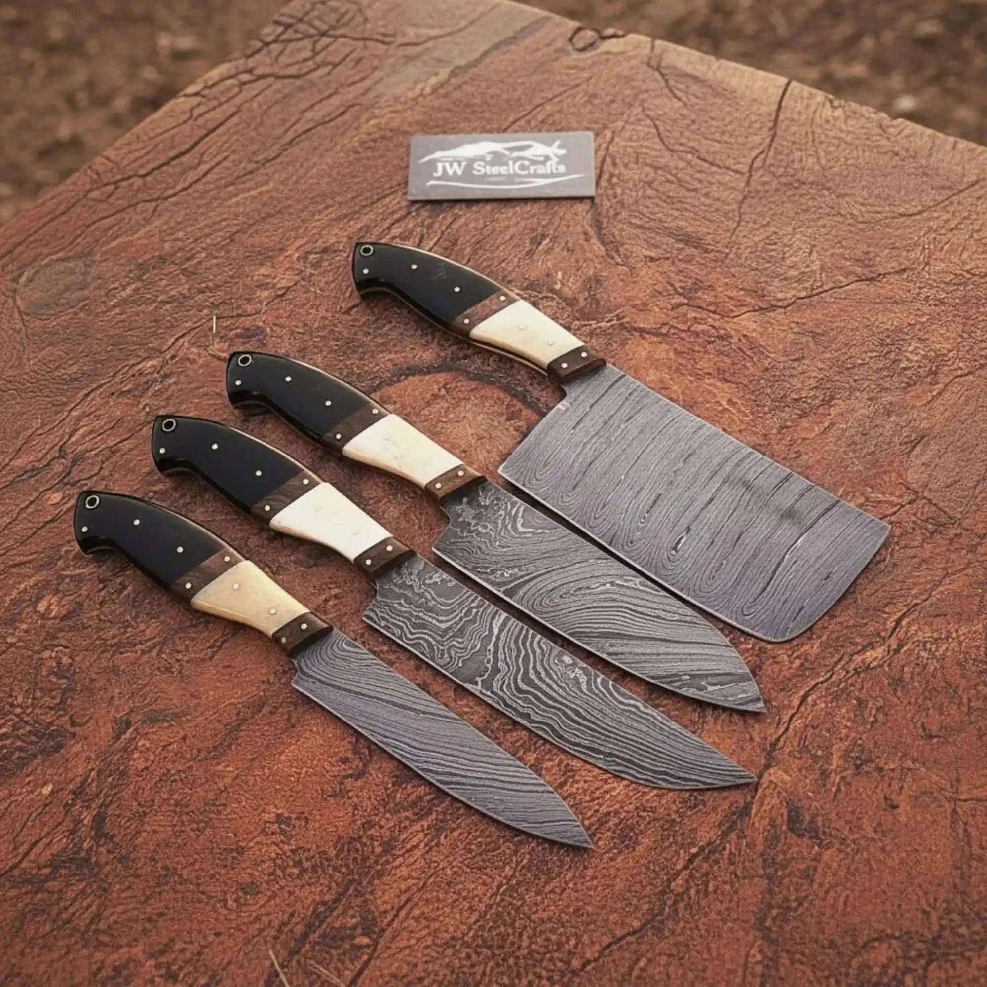 Palmarius Outdoors Handmade Damascus Steel Chef Knife Set with Bone & Wood Handle, 4-Piece Kitchen Cutlery Collection Handmade Chef Knife Sets
