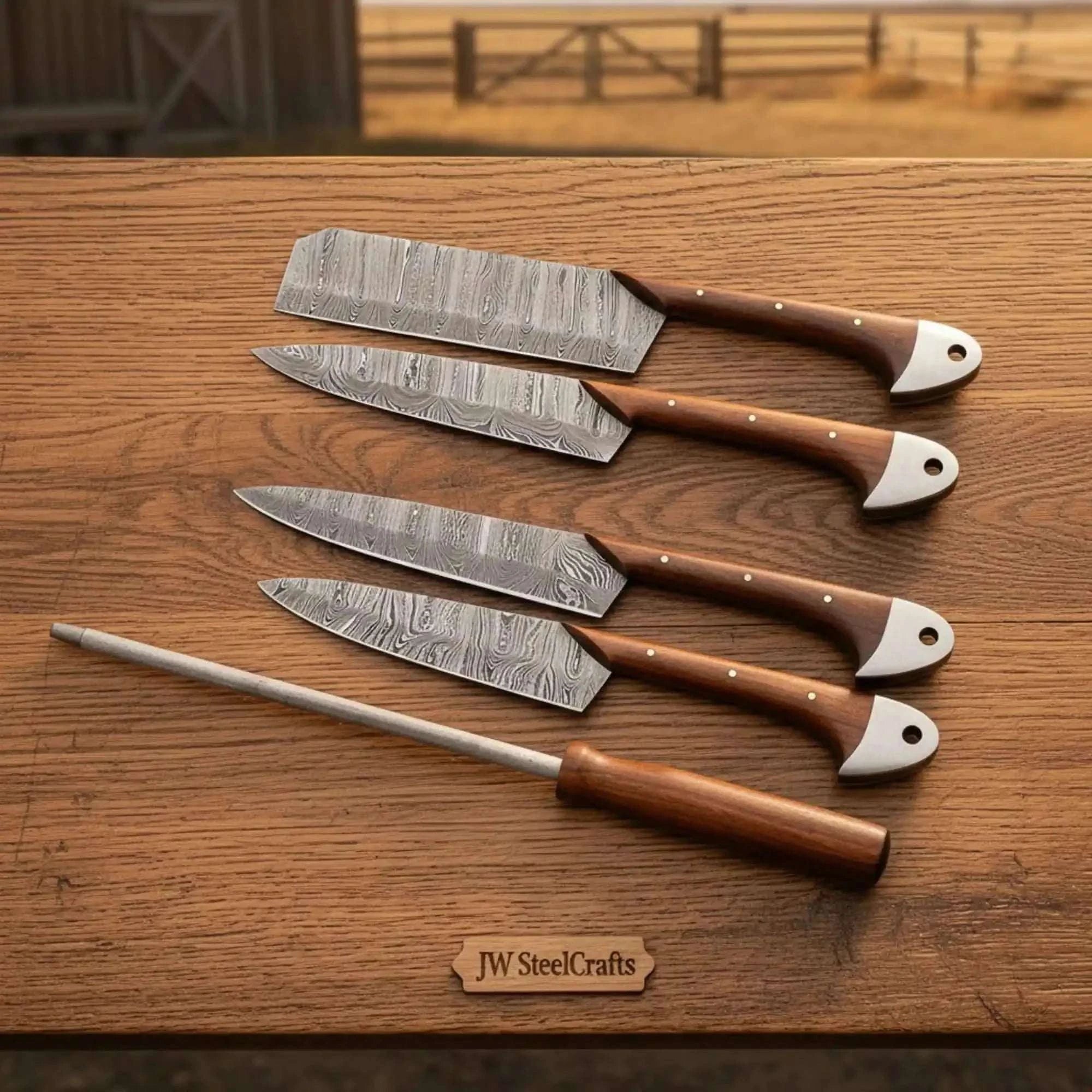 Palmarius Outdoors Pattern-Welded Damascus Kitchen Set — Tall Cai Dao Cleaver, Nakiri, Gyuto & Petty Knife Handmade Chef Knife Sets