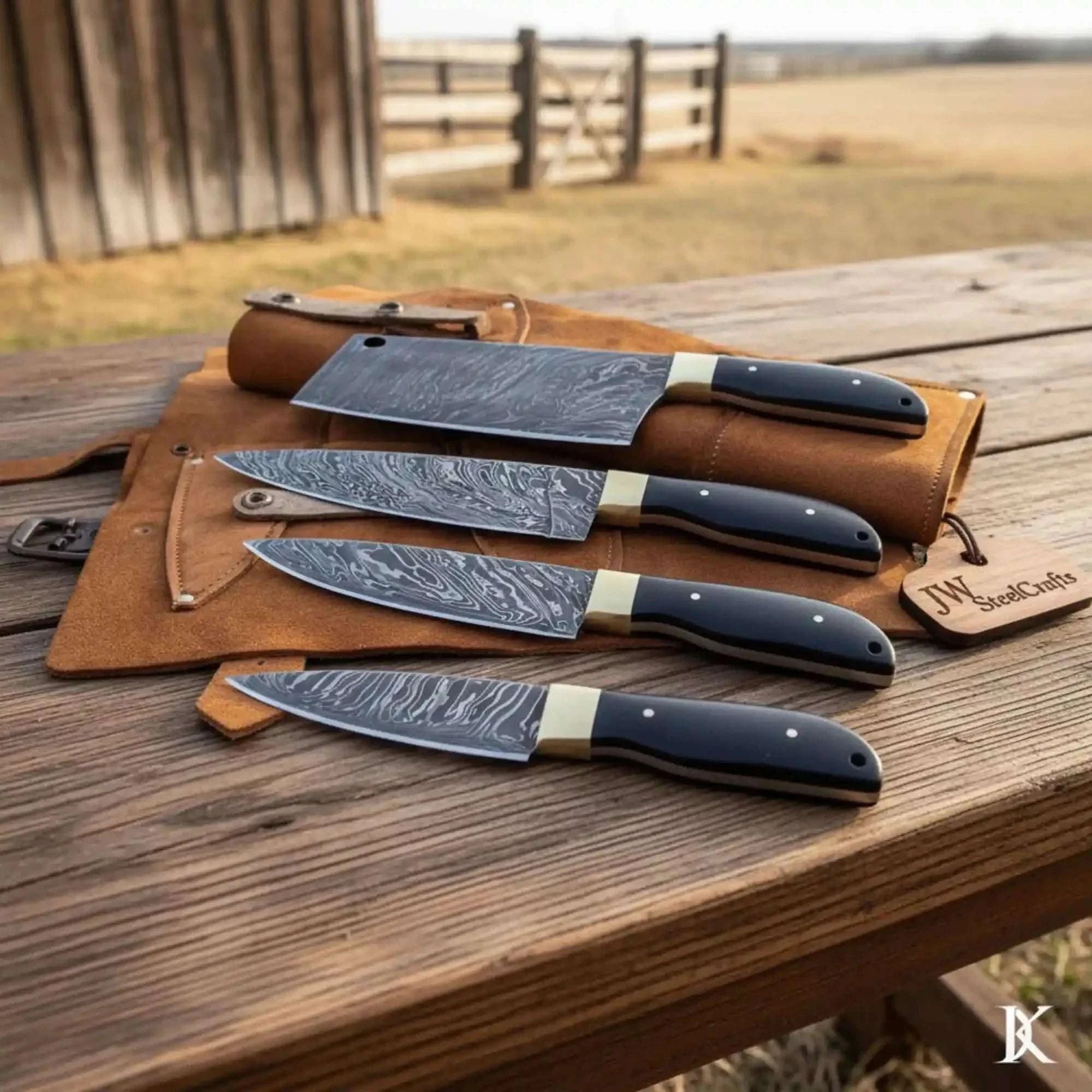 Palmarius Outdoors 4-Piece Damascus Kitchen Knife Set — Bread, Chef, Utility & Paring with Black Resin Handles, Brass Bolsters & Leather Roll Handmade Chef Knife Sets