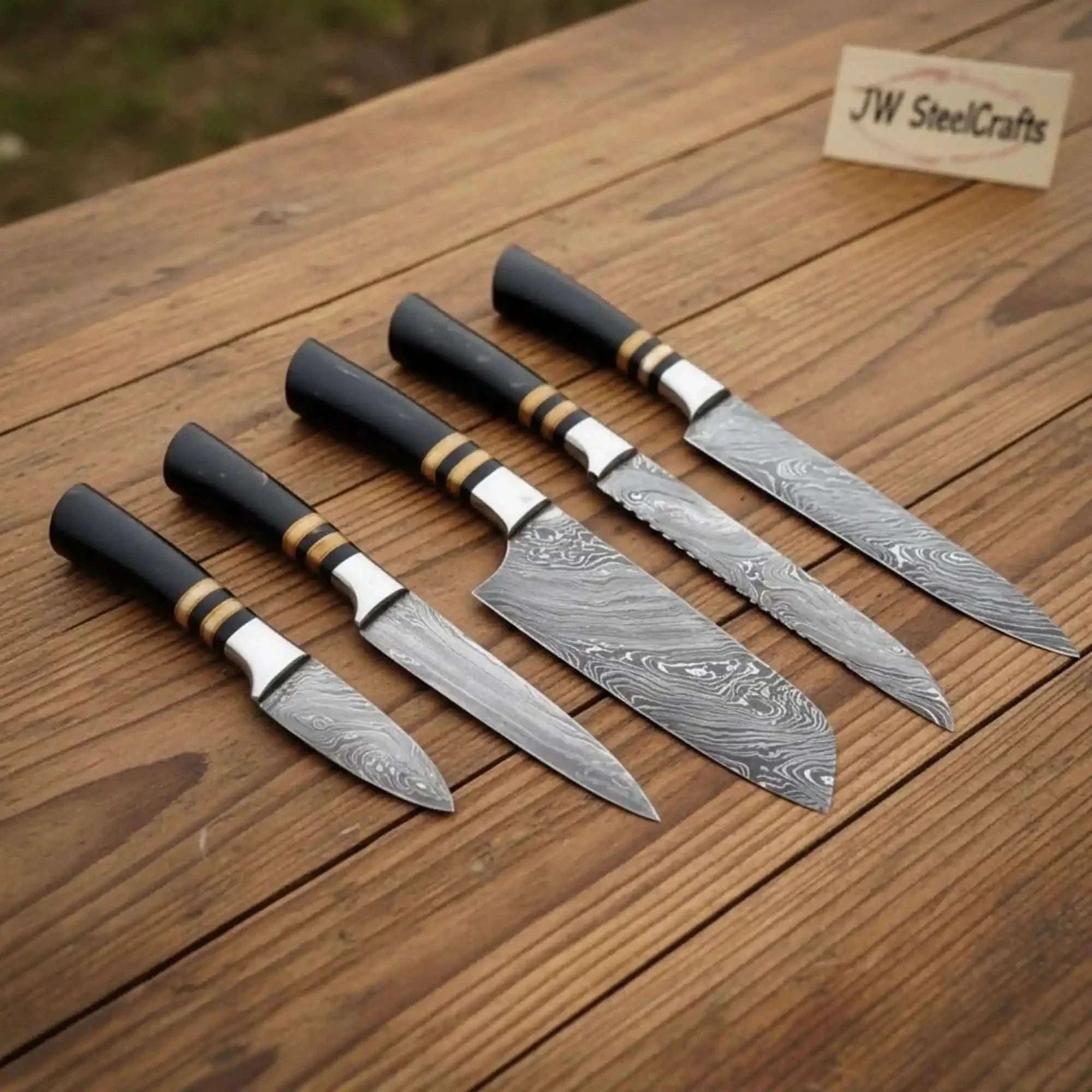 Palmarius Outdoors 5-Piece Damascus Knife Set Black Resin Rosewood Handle — Wood Grain Damascus Blades Handmade Chef Knife Sets