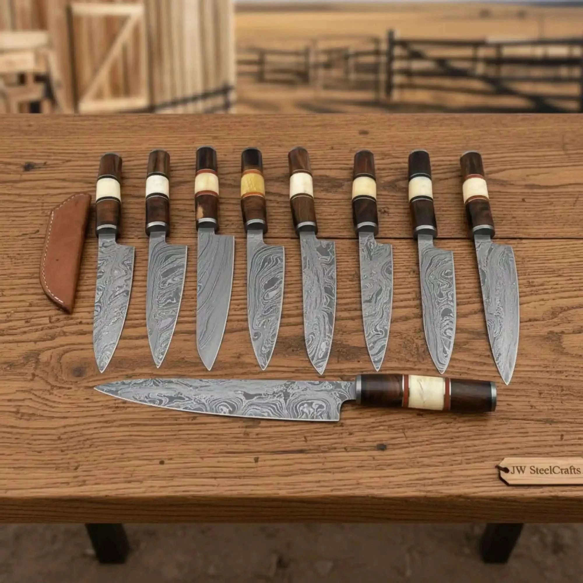 Palmarius Outdoors 9-Piece Damascus Knife Set Bone and Rosewood Handle — Swirl Damascus Blades Handmade Chef Knife Sets
