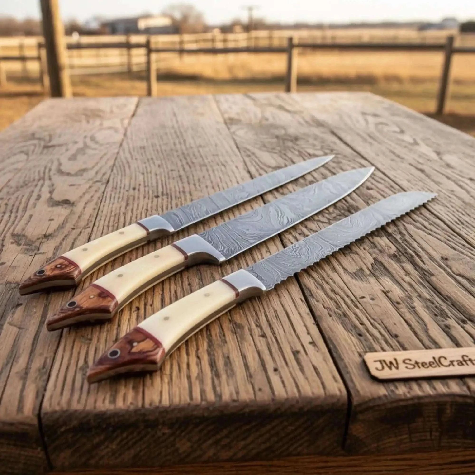 Palmarius Outdoors 5-Piece Damascus Knife Set Bone and Wood Handle — Feather Damascus Blades Handmade Chef Knife Sets