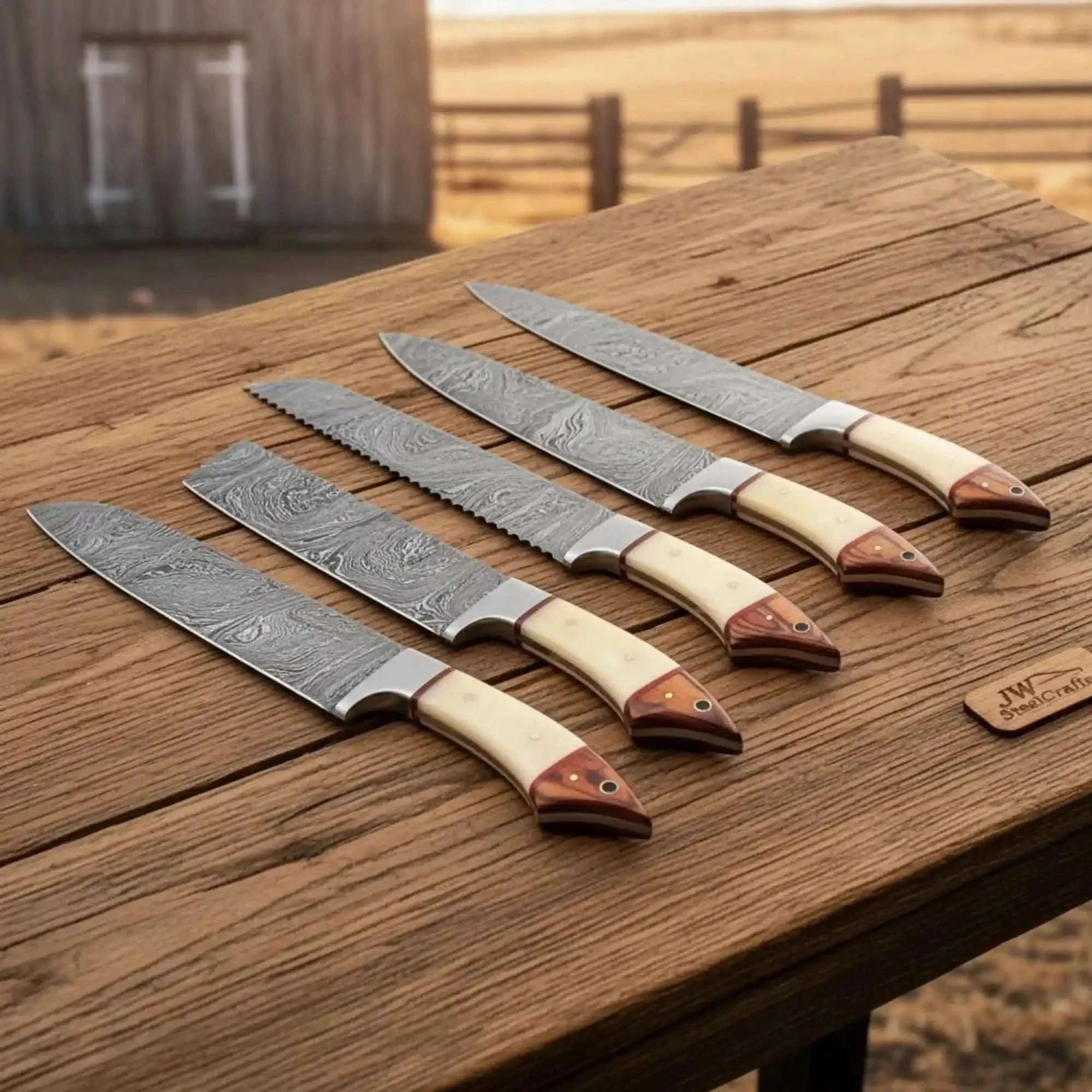 Palmarius Outdoors 5-Piece Damascus Knife Set Bone and Wood Handle — Feather Damascus Blades Handmade Chef Knife Sets