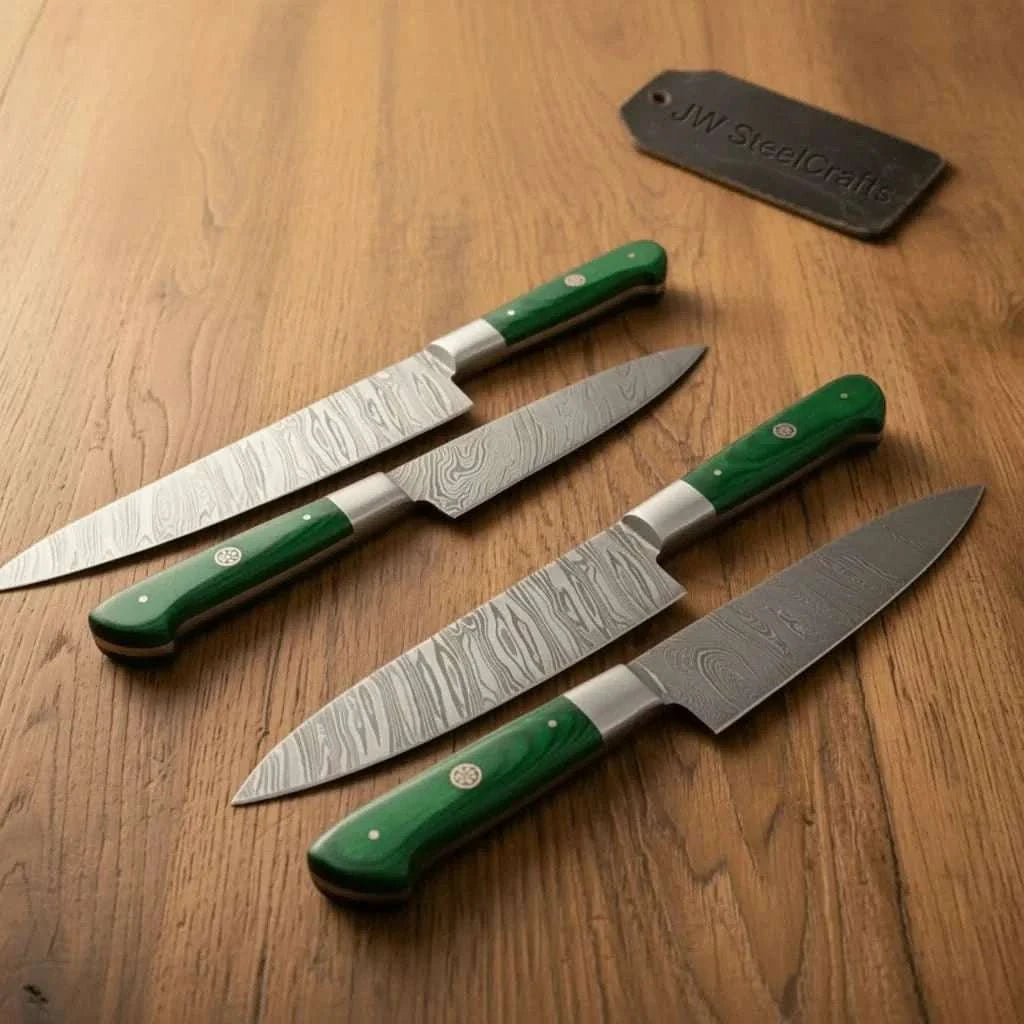 Palmarius Outdoors 6-Piece Damascus Kitchen Knife Set with Green Wood Handle Handmade Chef Knife Sets