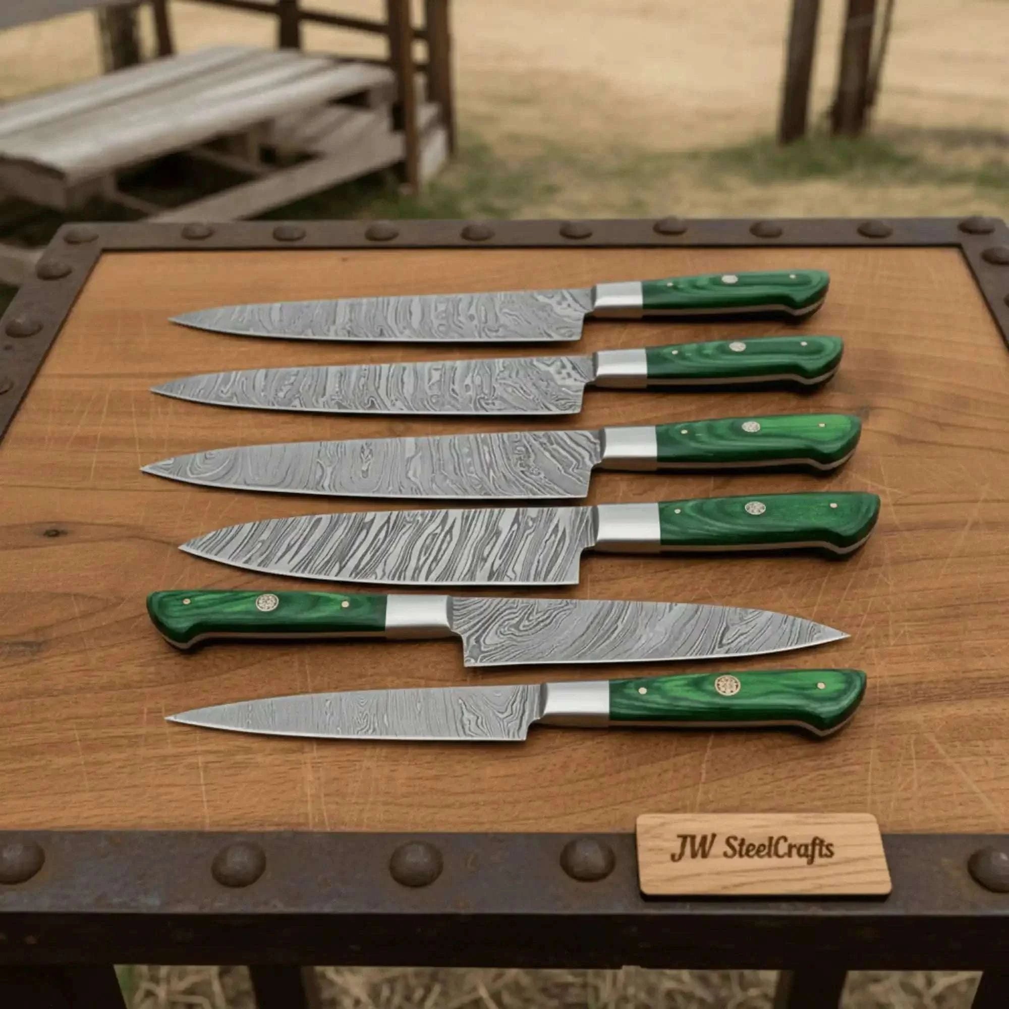Palmarius Outdoors 6-Piece Damascus Kitchen Knife Set with Green Wood Handle Handmade Chef Knife Sets