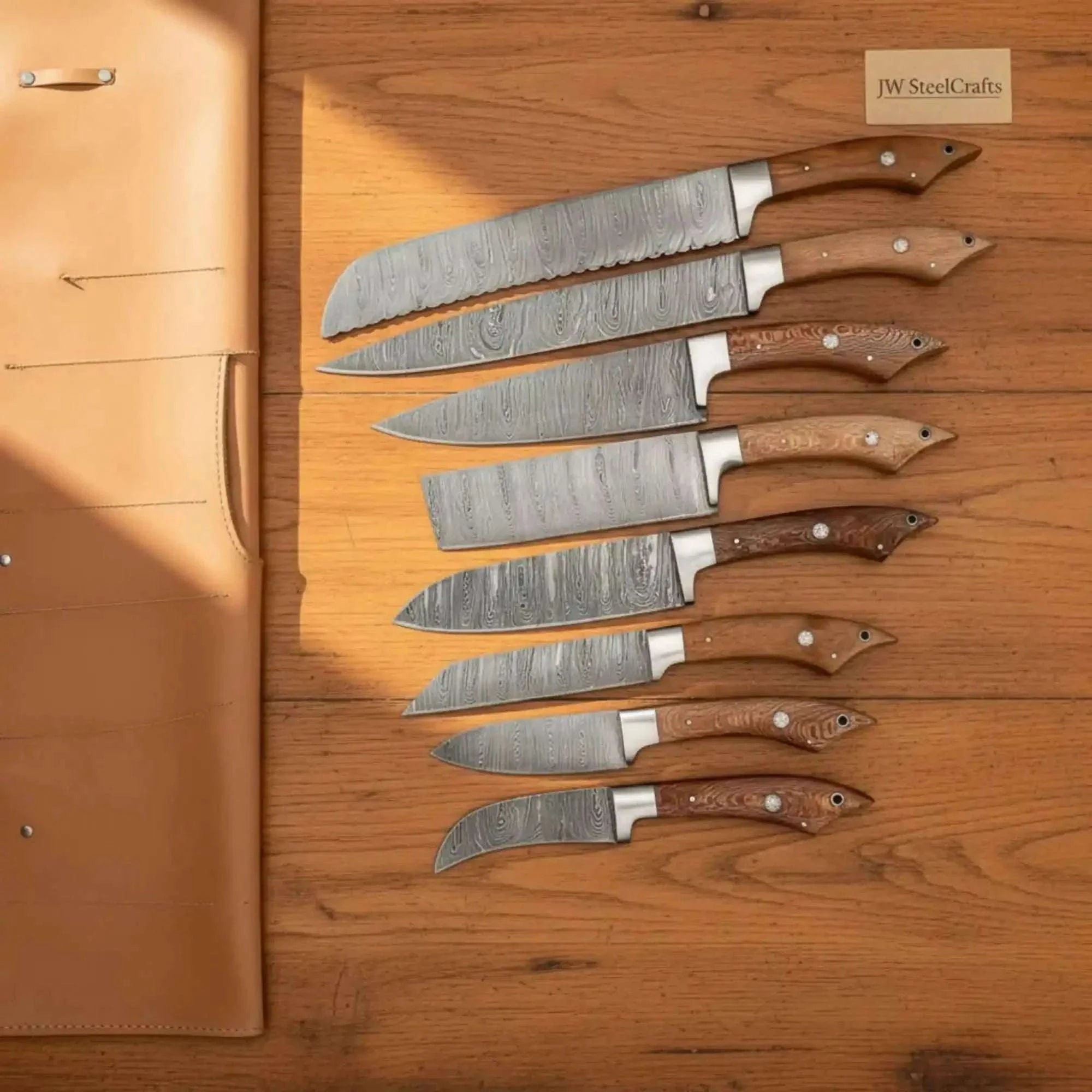 Palmarius Outdoors 8-Piece Damascus Knife Set Lacewood Handle with Wood Grain Damascus Blades Handmade Chef Knife Sets
