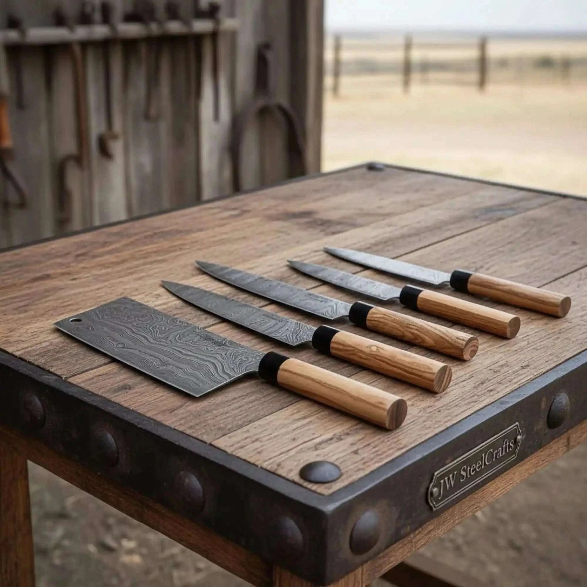 Palmarius Outdoors 4-Piece Damascus Knife Set Olive Wood Wa Handle & Black Leather Roll Handmade Chef Knife Sets