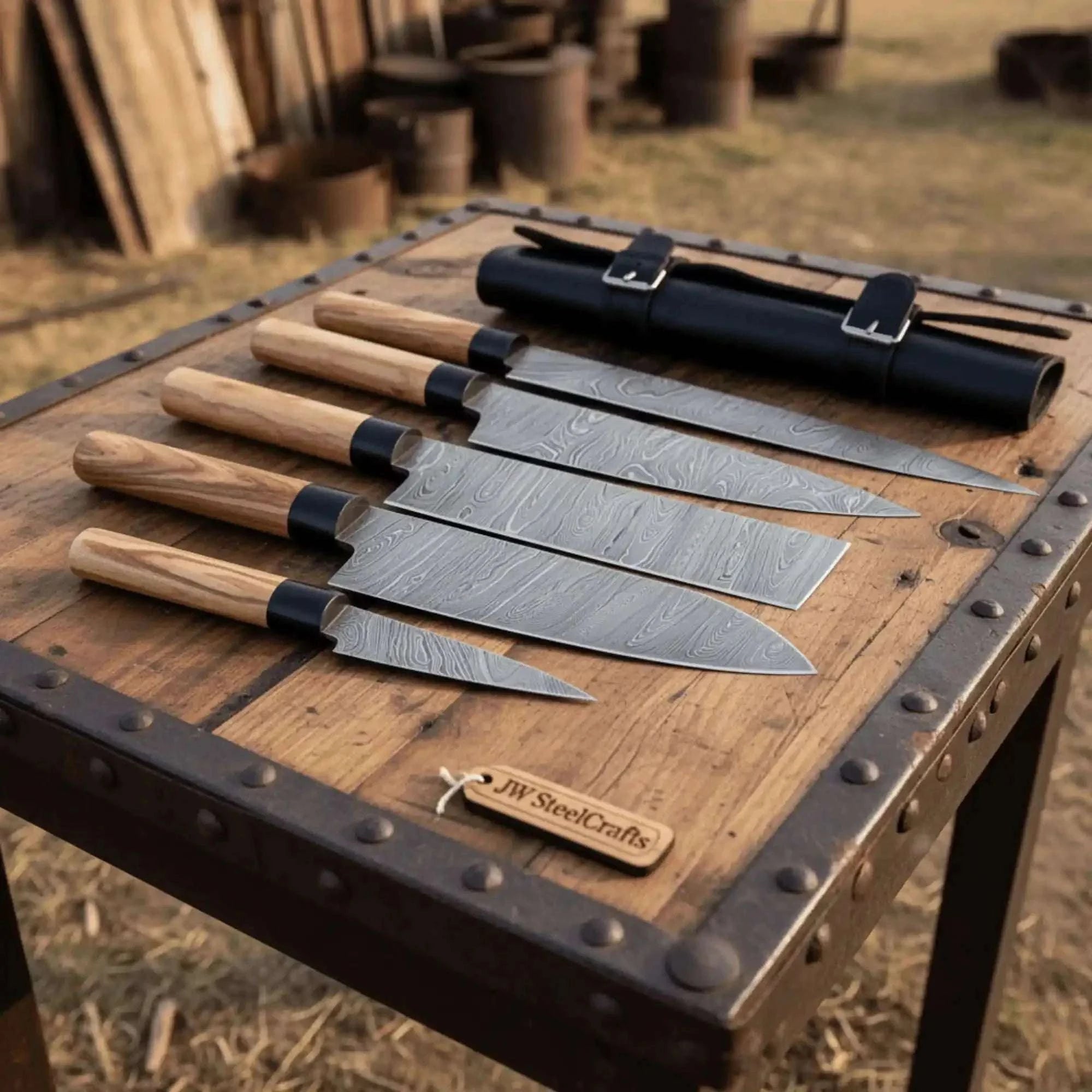 Palmarius Outdoors 4-Piece Damascus Knife Set Olive Wood Wa Handle & Black Leather Roll Handmade Chef Knife Sets