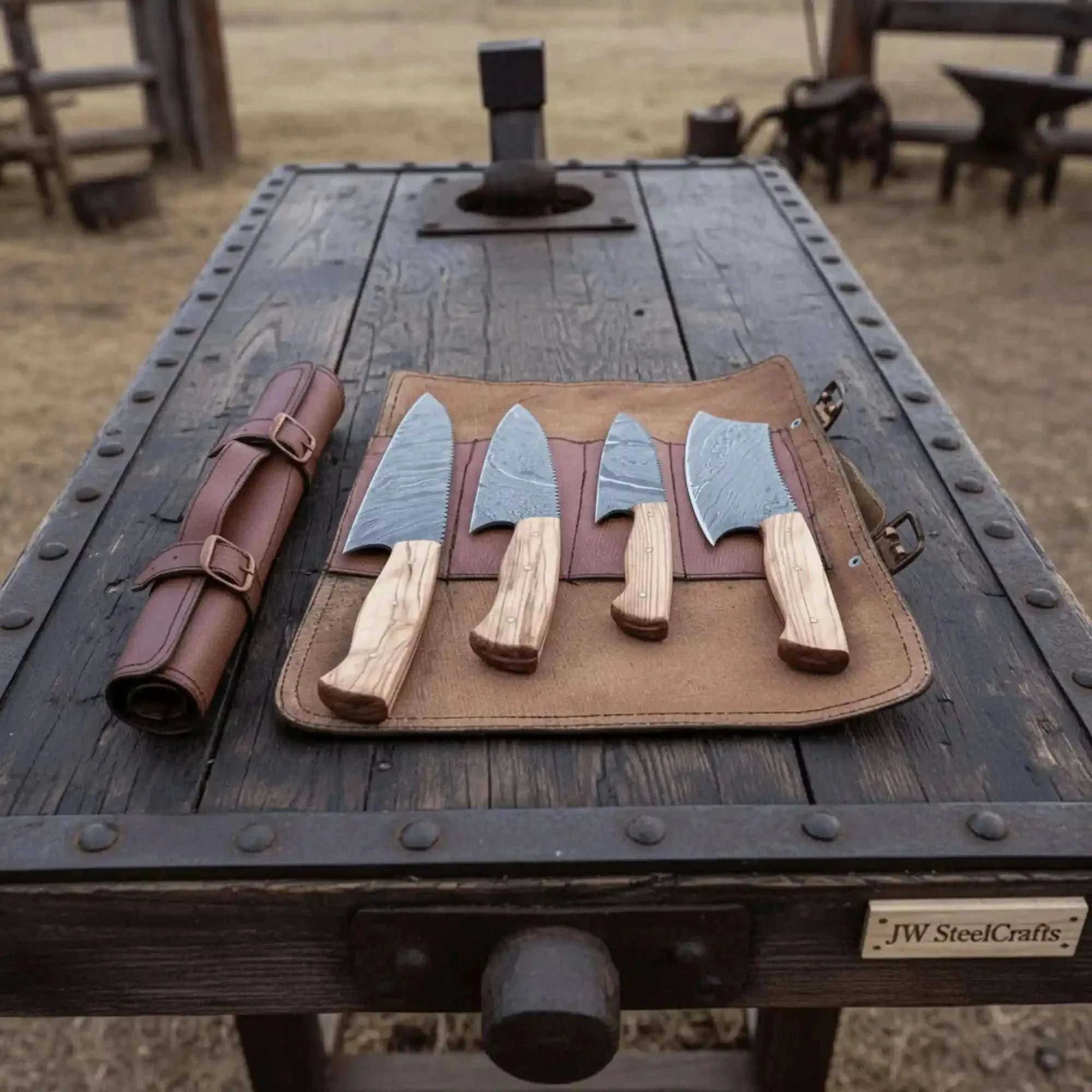 Palmarius Outdoors 4 Piece Damascus Knife Set Olive Wood with Cleaver Handmade Chef Knife Sets