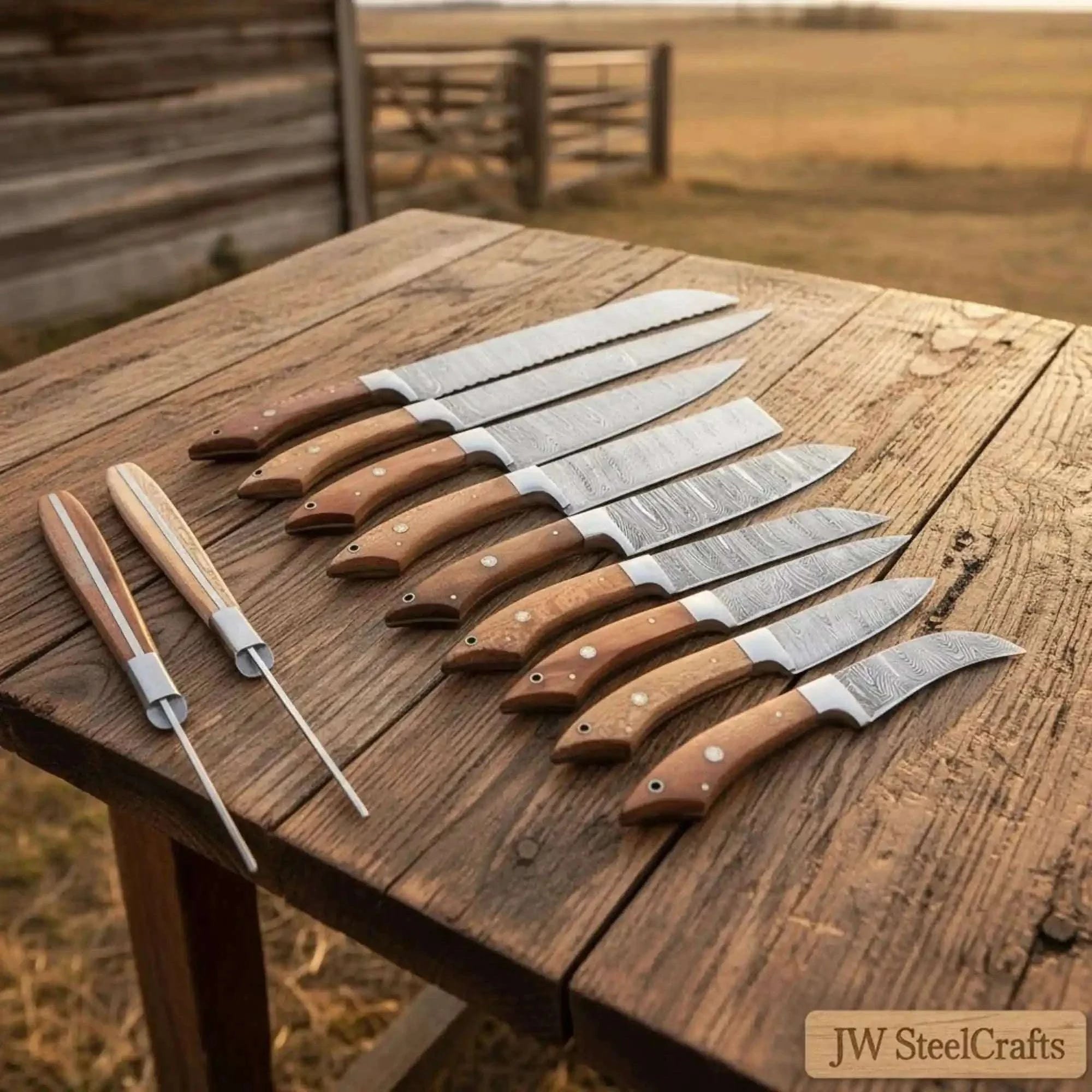 Palmarius Outdoors 9-Piece Handmade Damascus Knife Set with Walnut Wood Handle Handmade Chef Knife Sets