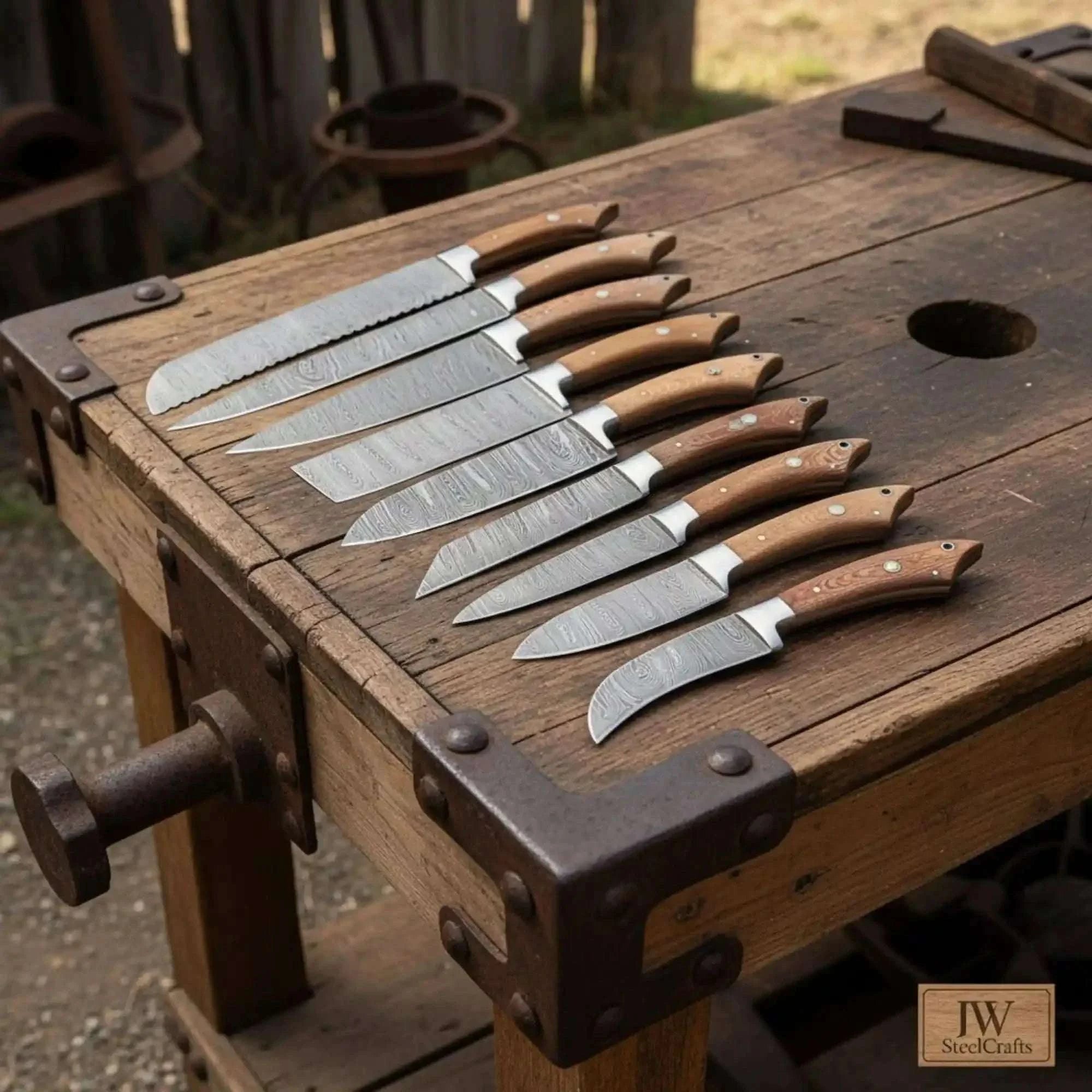 Palmarius Outdoors 9-Piece Handmade Damascus Knife Set with Walnut Wood Handle Handmade Chef Knife Sets