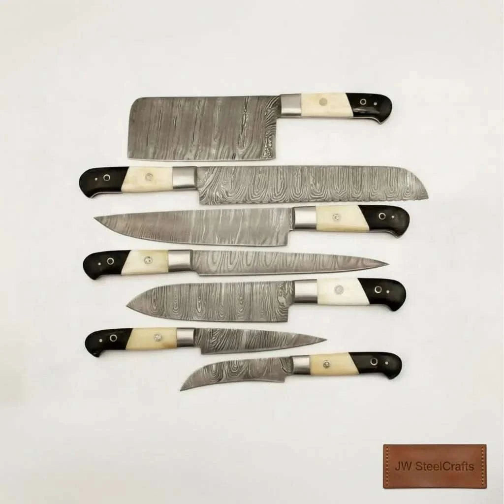 Palmarius Outdoors 7-Piece Damascus Knife Set with White Bone and Black Resin Handles Handmade Chef Knife Sets