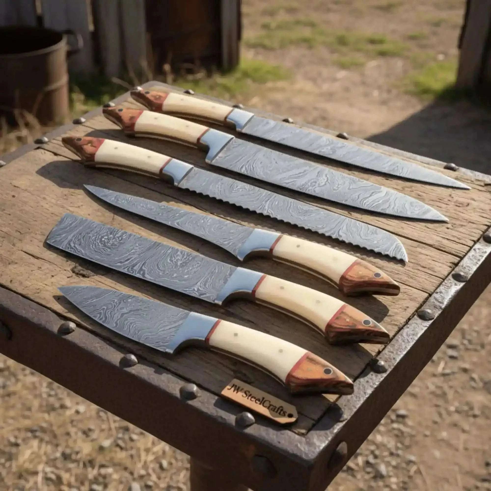 Palmarius Outdoors 6-Piece Damascus Kitchen Knife Set with White Bone and Red Wood Handles Handmade Chef Knife Sets