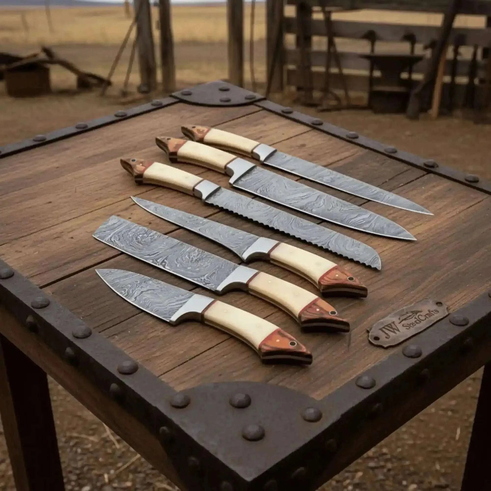 Palmarius Outdoors 6-Piece Damascus Kitchen Knife Set with White Bone and Red Wood Handles Handmade Chef Knife Sets