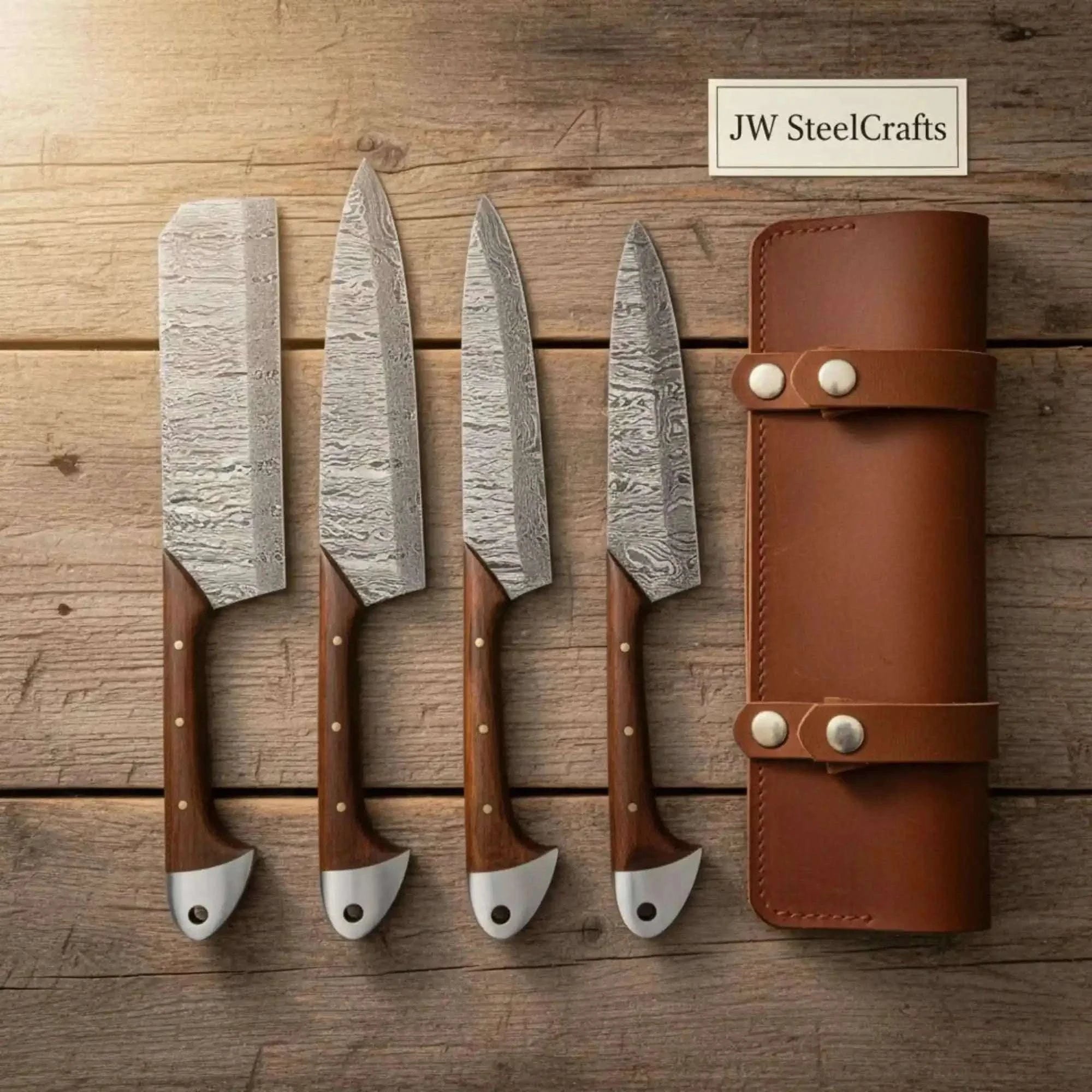 Palmarius Outdoors 4-Piece Damascus Knife Set with Chinese Cleaver with Water and Ladder Pattern Damascus Blades Handmade Chef Knife Sets