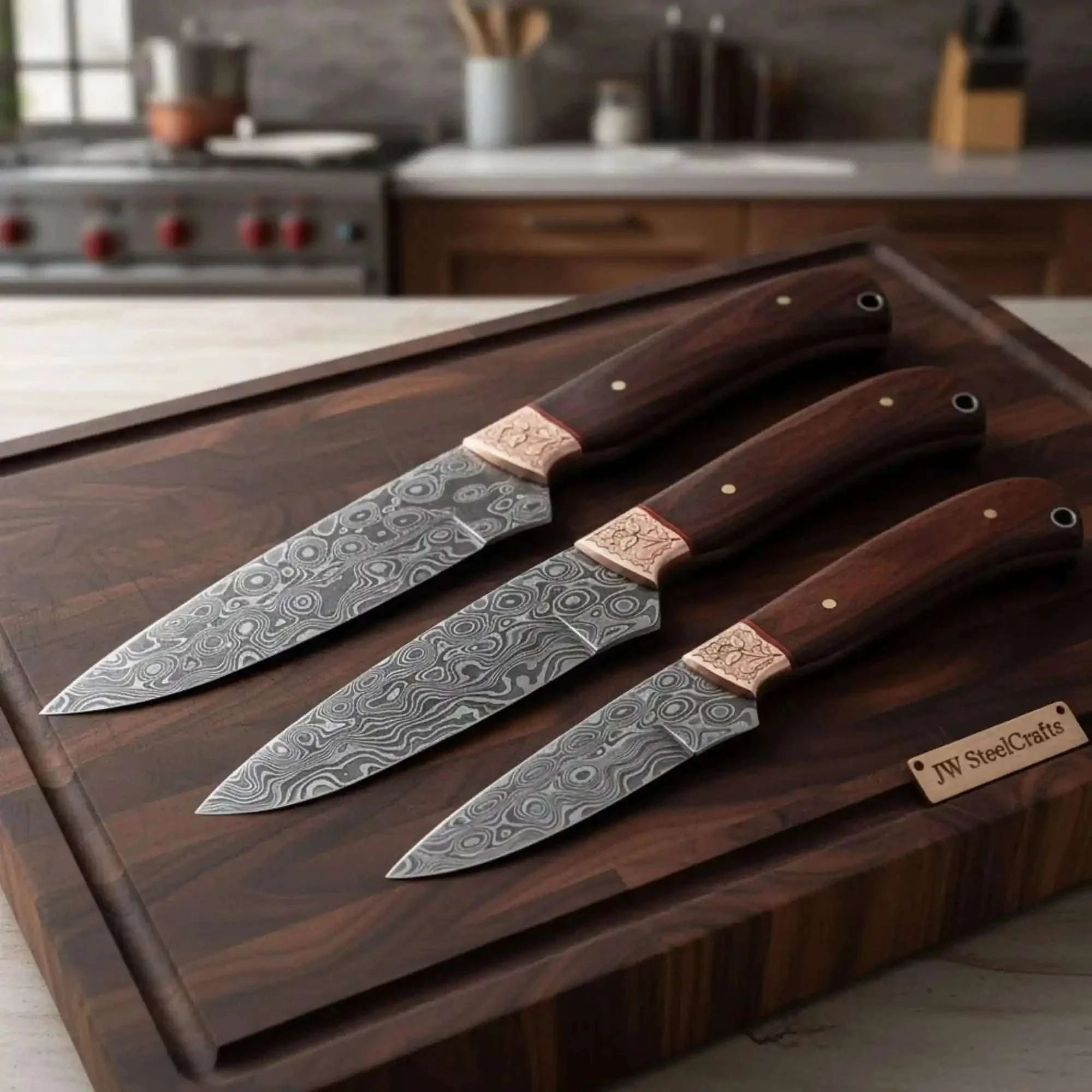 Palmarius Outdoors 3-Piece Damascus Knife Set with Engraved Bolsters with Topographic Blades Handmade Chef Knife Sets