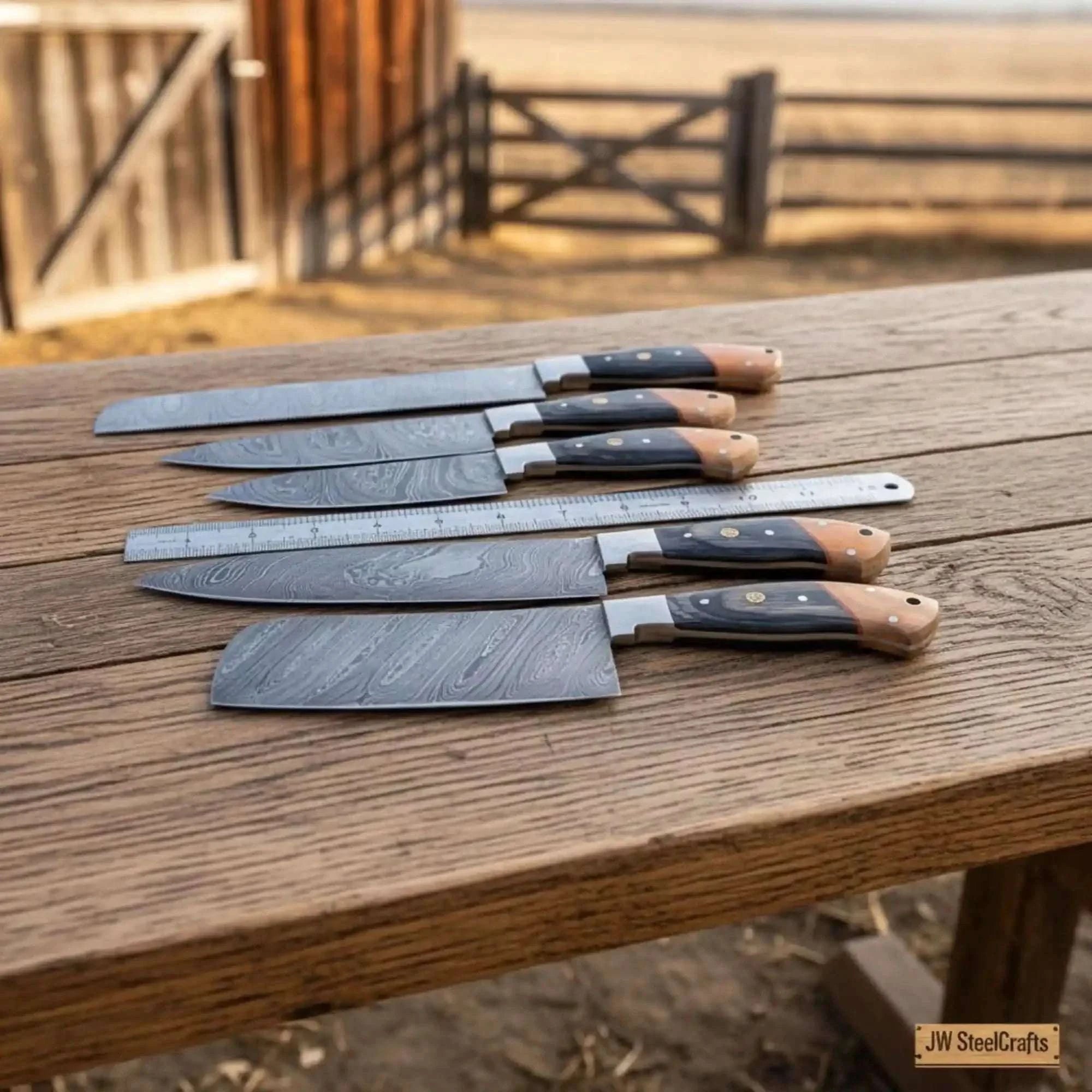 Palmarius Outdoors Damascus Multi-Blade Chef Knife Set with Olive and Pakka Wood Handles and 5-Piece Layered Damascus Blades Handmade Chef Knife Sets