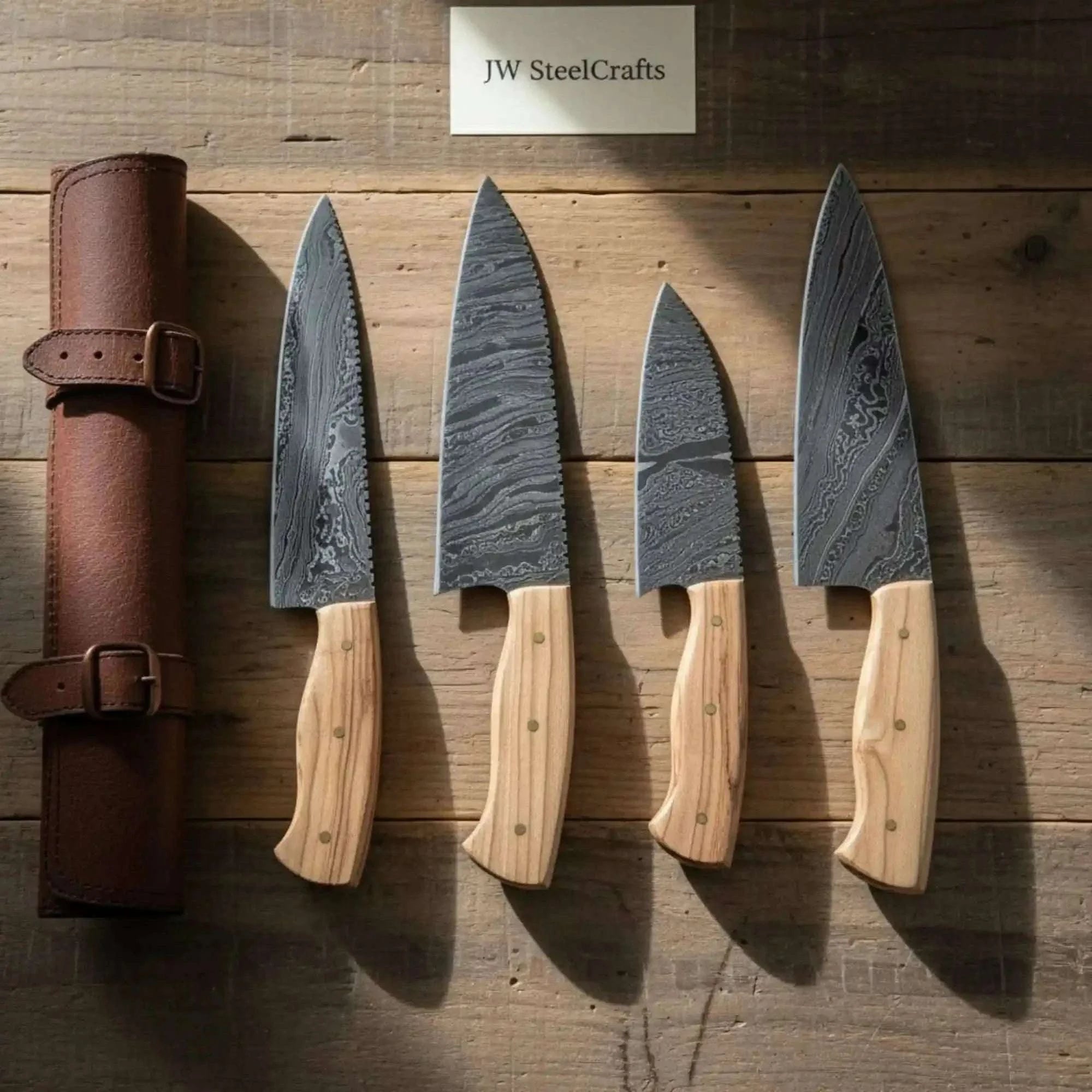Palmarius Outdoors 4-Piece Damascus Olive Wood Kitchen Knife Set — Wave Pattern Damascus Blades Handmade Chef Knife Sets