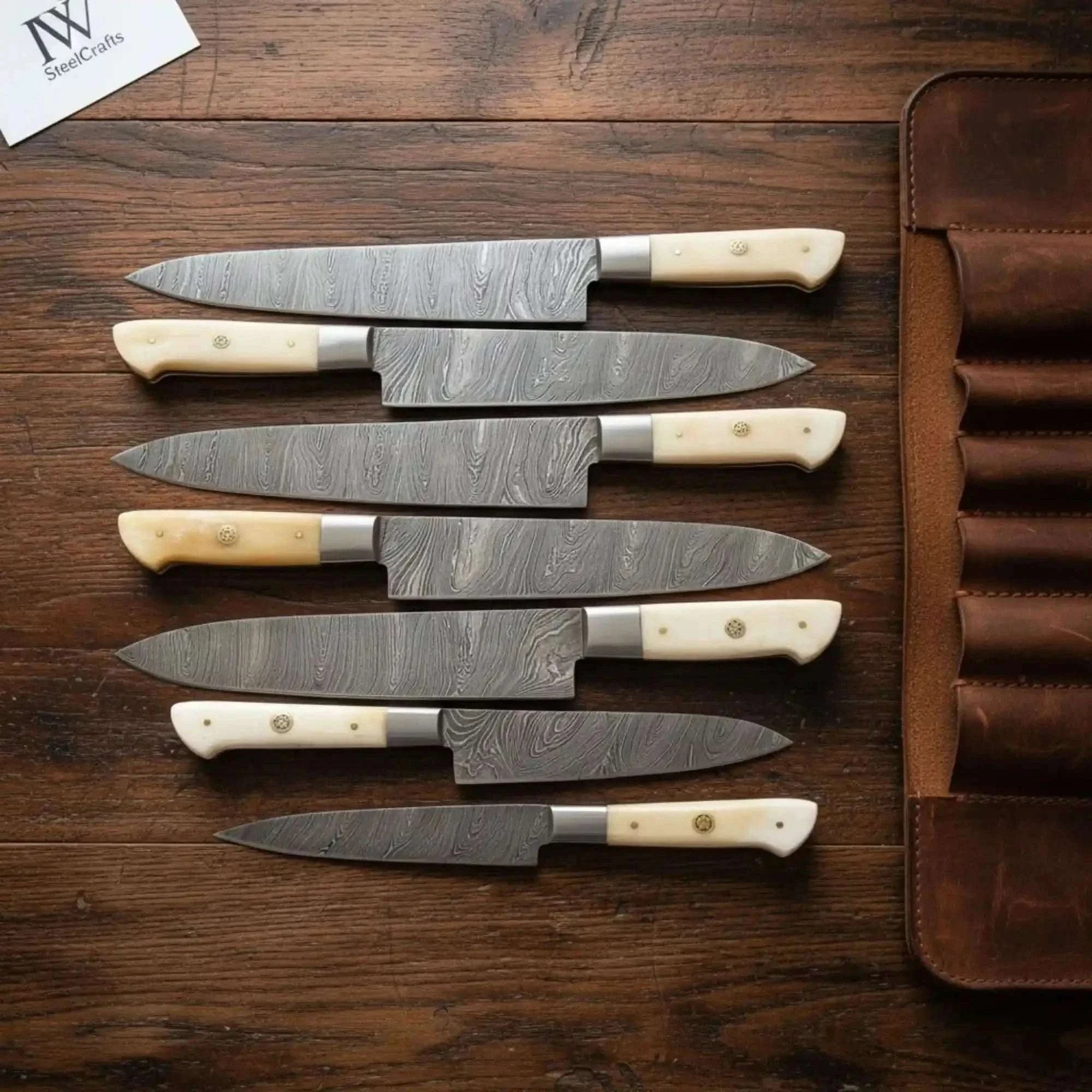 Palmarius Outdoors 7-Piece Damascus Western Chef and Carving Knife Set — Camel Bone Handles & Wood Grain Damascus Blades Handmade Chef Knife Sets