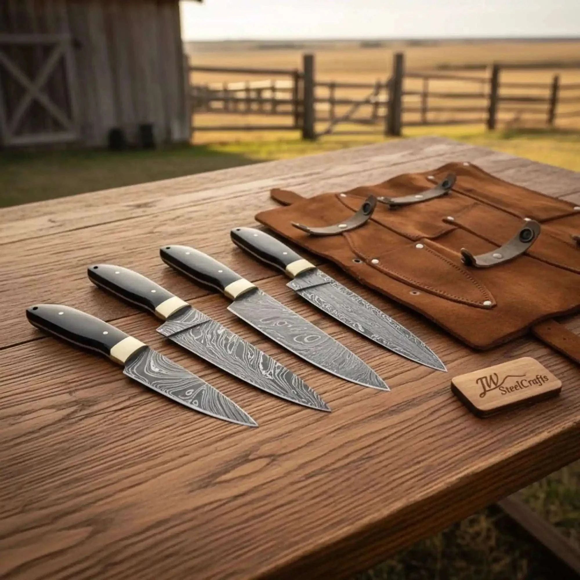 Palmarius Outdoors 4 Piece Damascus Petty Knife Set with Black Resin Handles Handmade Chef Knife Sets