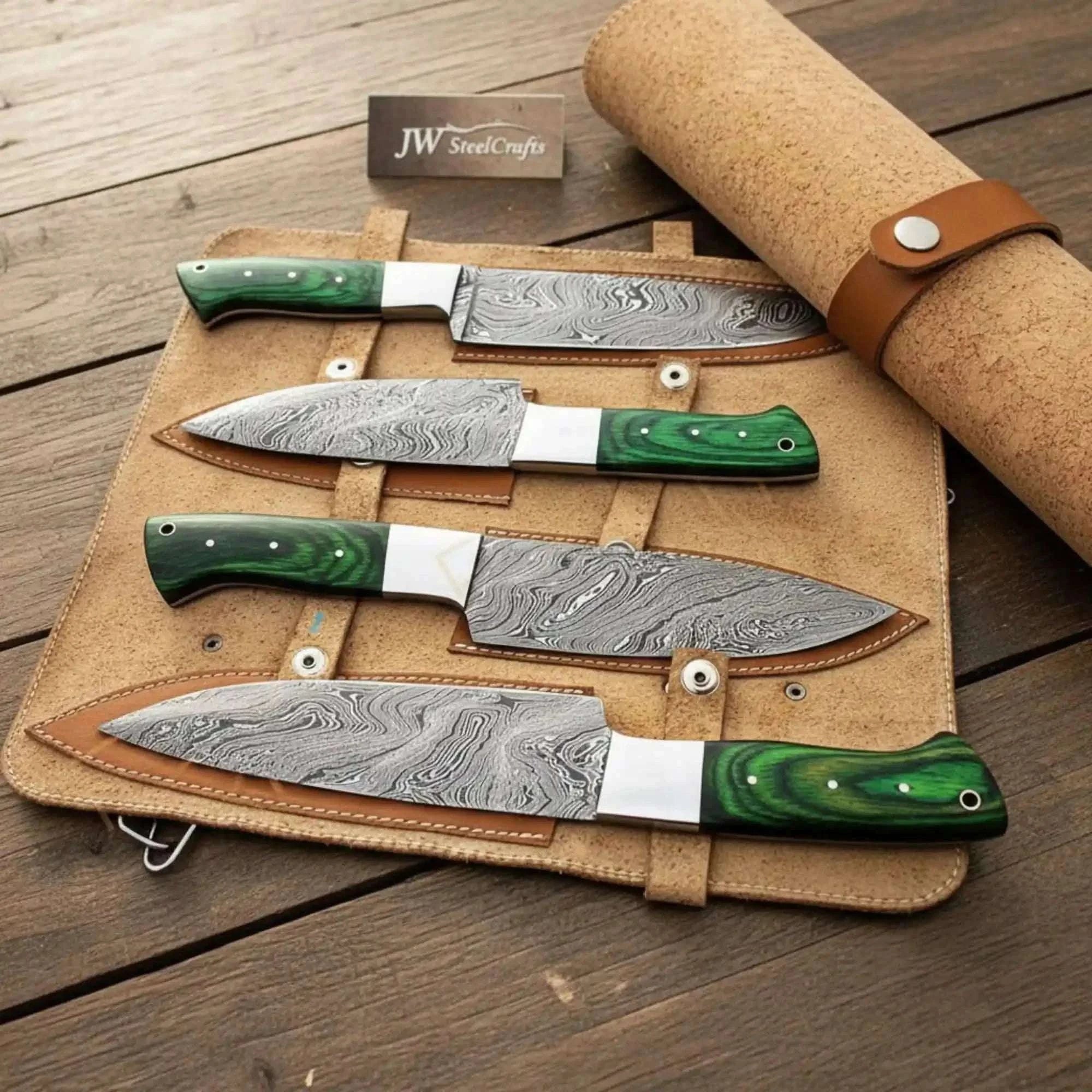 Palmarius Outdoors Handmade Damascus Kitchen Knife Set – Chef, Santoku, Utility Knives with Green Wood Handles Handmade Chef Knife Sets
