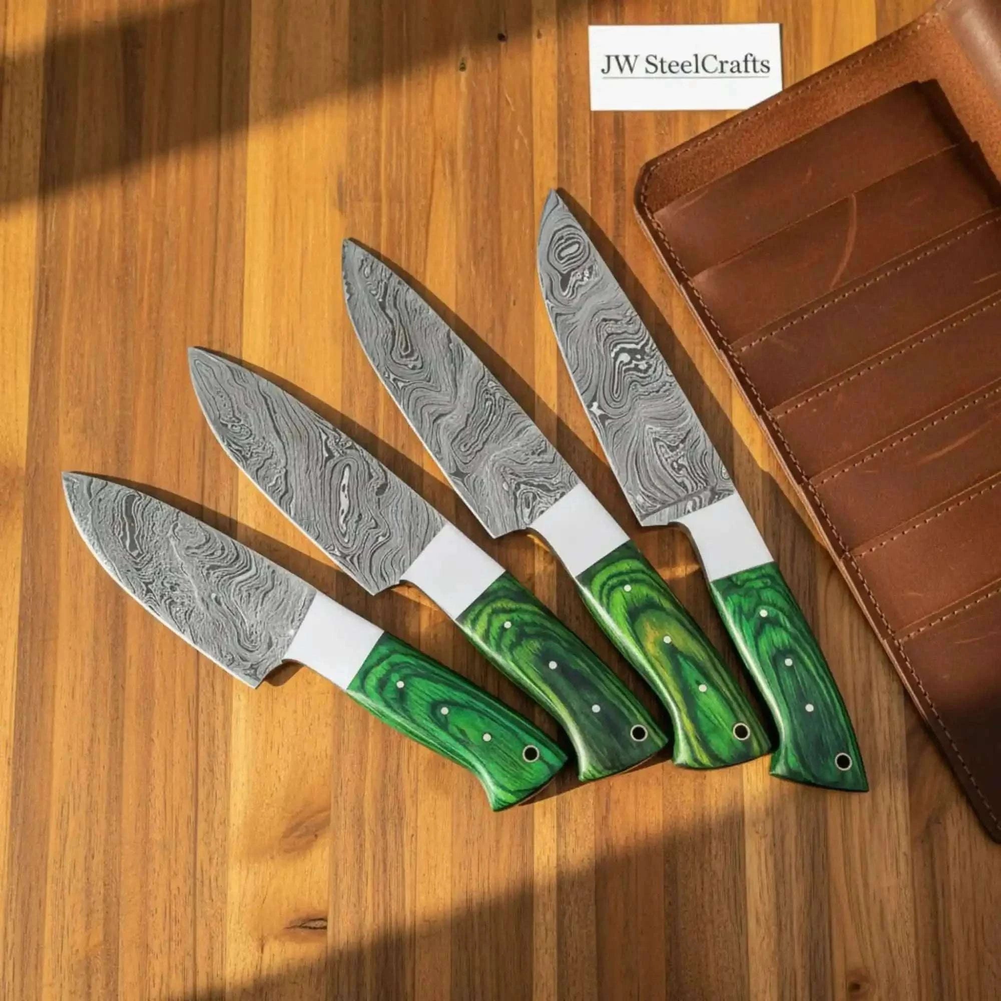 Palmarius Outdoors Handmade Damascus Kitchen Knife Set – Chef, Santoku, Utility Knives with Green Wood Handles Handmade Chef Knife Sets