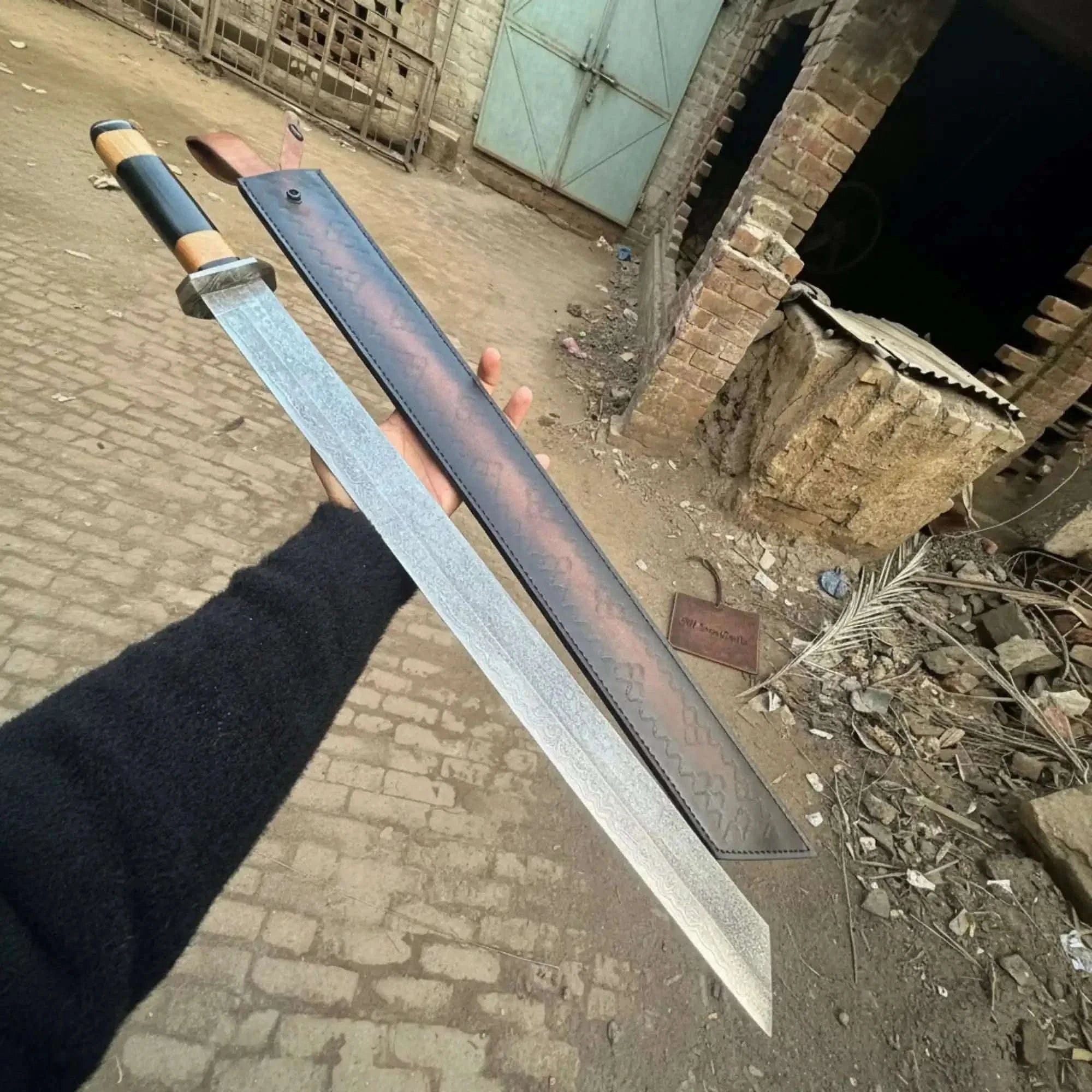 Palmarius Outdoors Handmade Damascus Seax Sword 15-Inch Blade, Viking & Anglo-Saxon Replica 