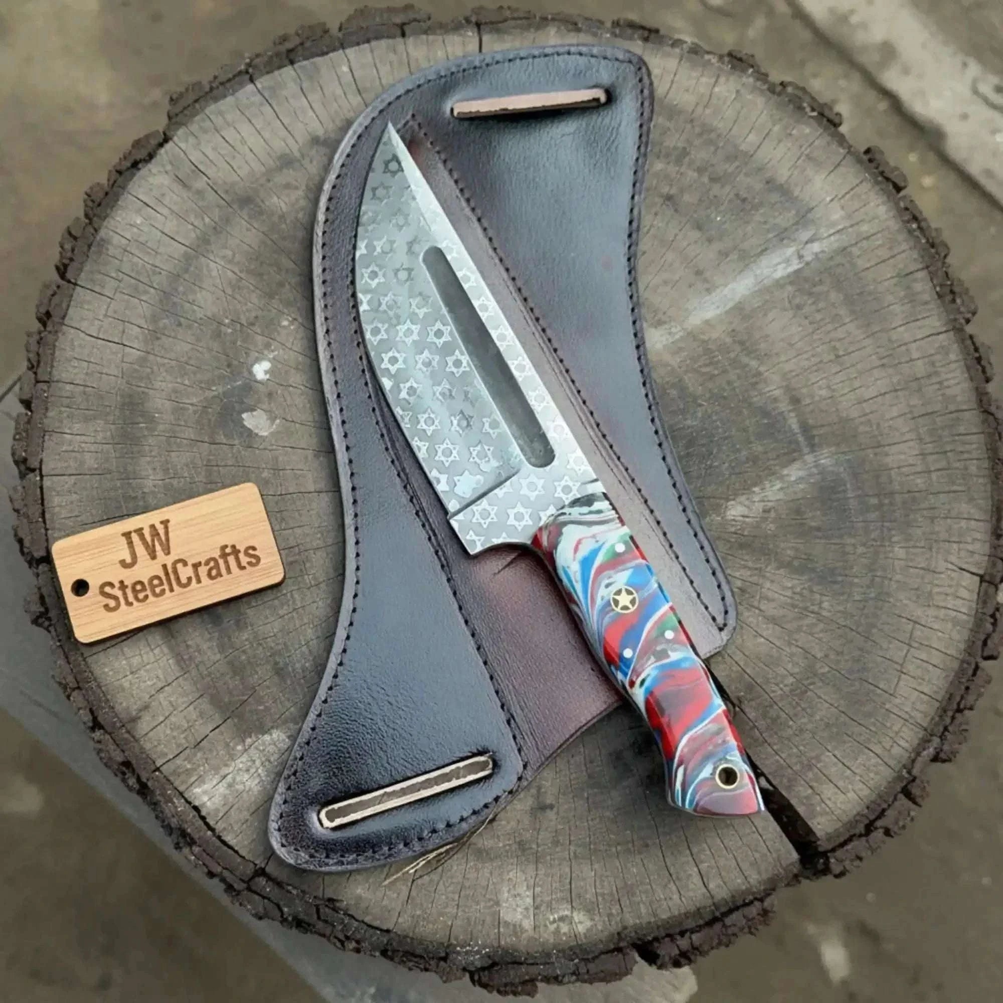 Palmarius Outdoors Serbian Utility Knife 9” – Etched Blade with Resin Handle & Pancake Leather Sheath 