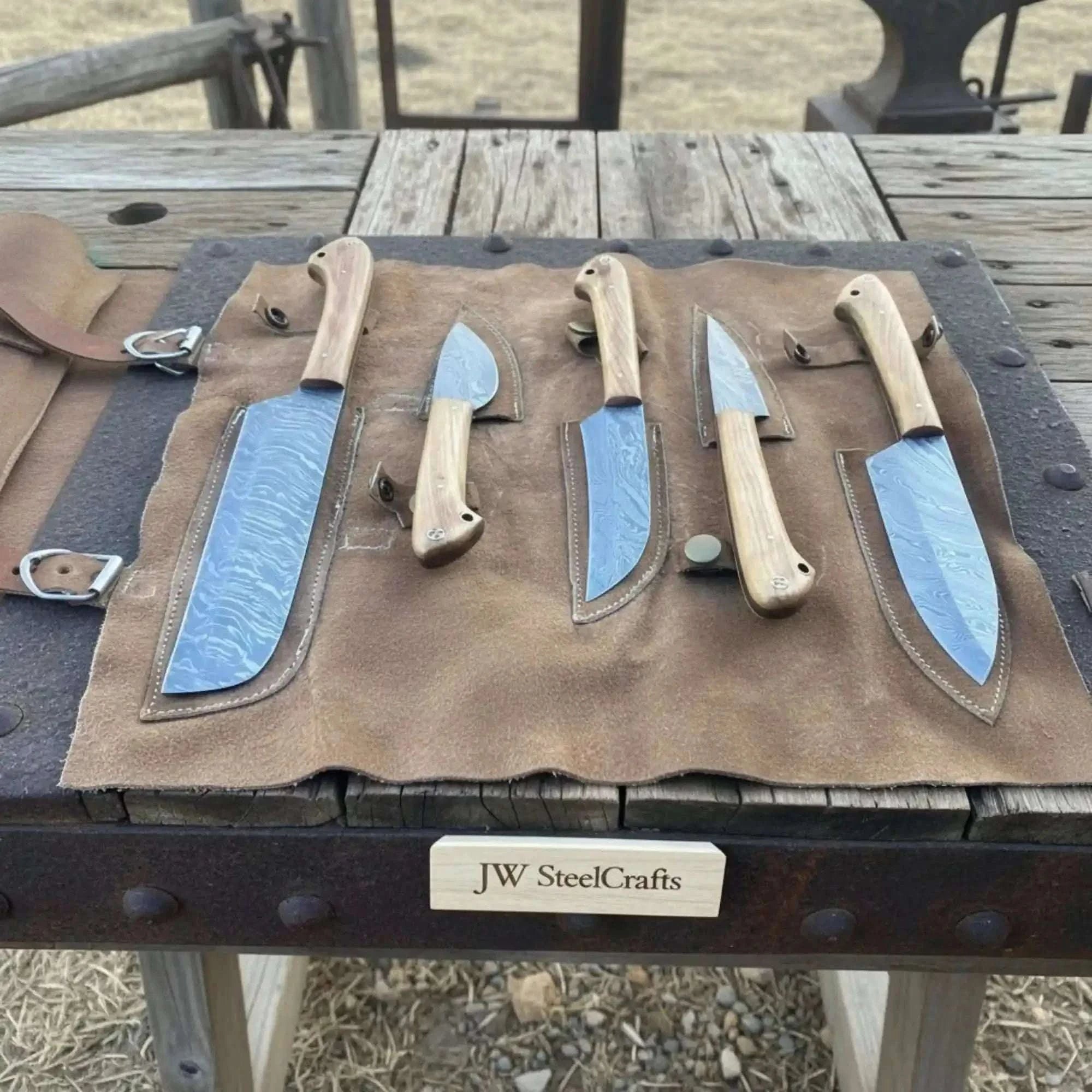 Palmarius Outdoors 5-Piece Damascus Skinner Chef Knife Set with Olive Wood Handles Handmade Chef Knife Sets