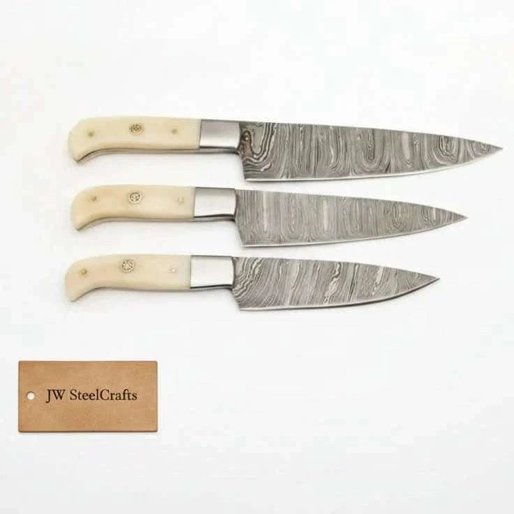 Palmarius Outdoors 3-Piece Damascus Slicing Carving Knife Set with Bone Handle with Water Flow Blades Handmade Chef Knife Sets