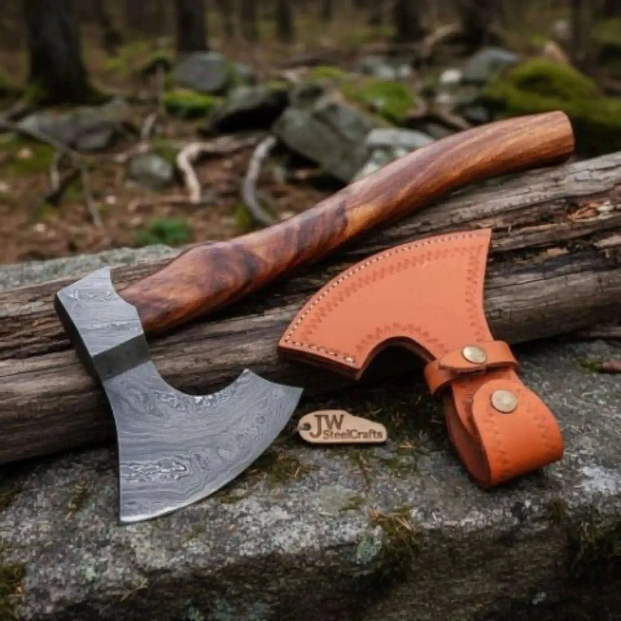 Palmarius Outdoors Traditional Norse Bearded War Axe (Skeggøx) featuring Damascus Steel Head, Solid Wood Handle, Sheath Included Handmade Axe