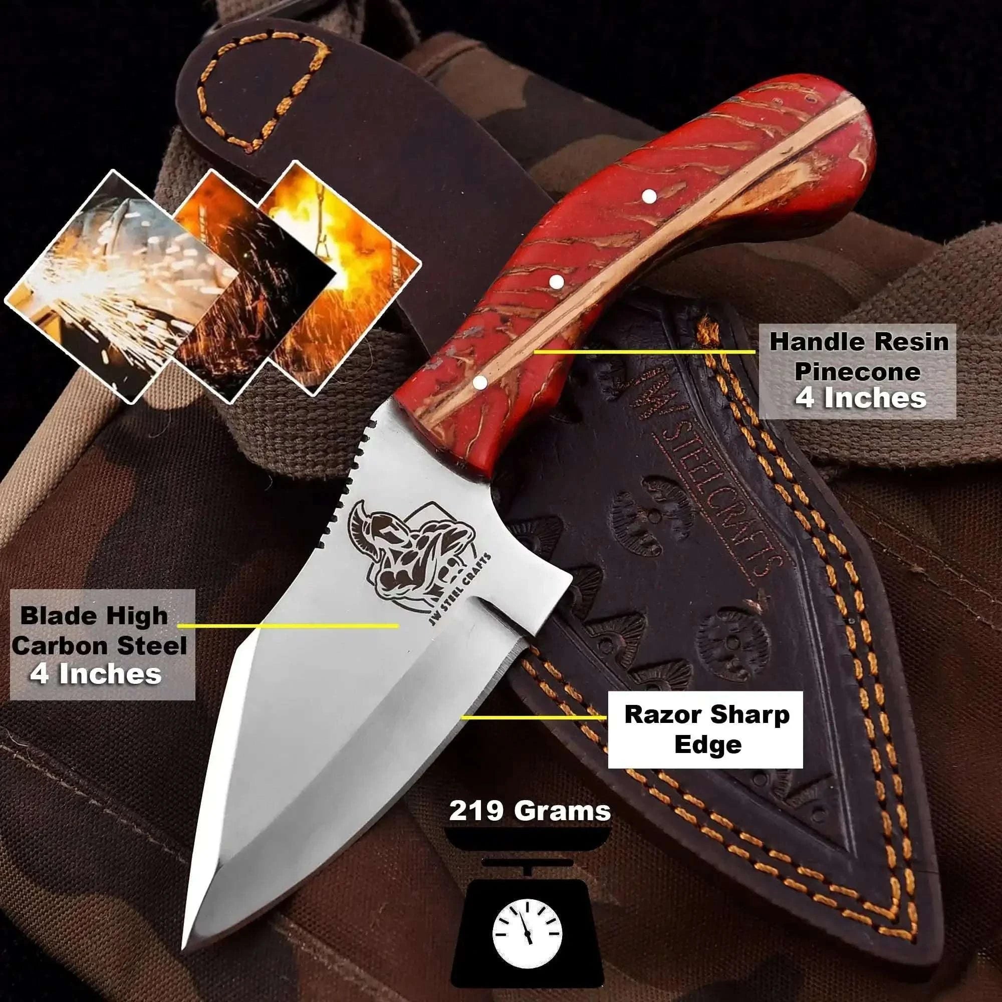 Palmarius Outdoors High Carbon Steel Drop Point Hunting Knife Red Pinecone Resin Handle Hunting Knife