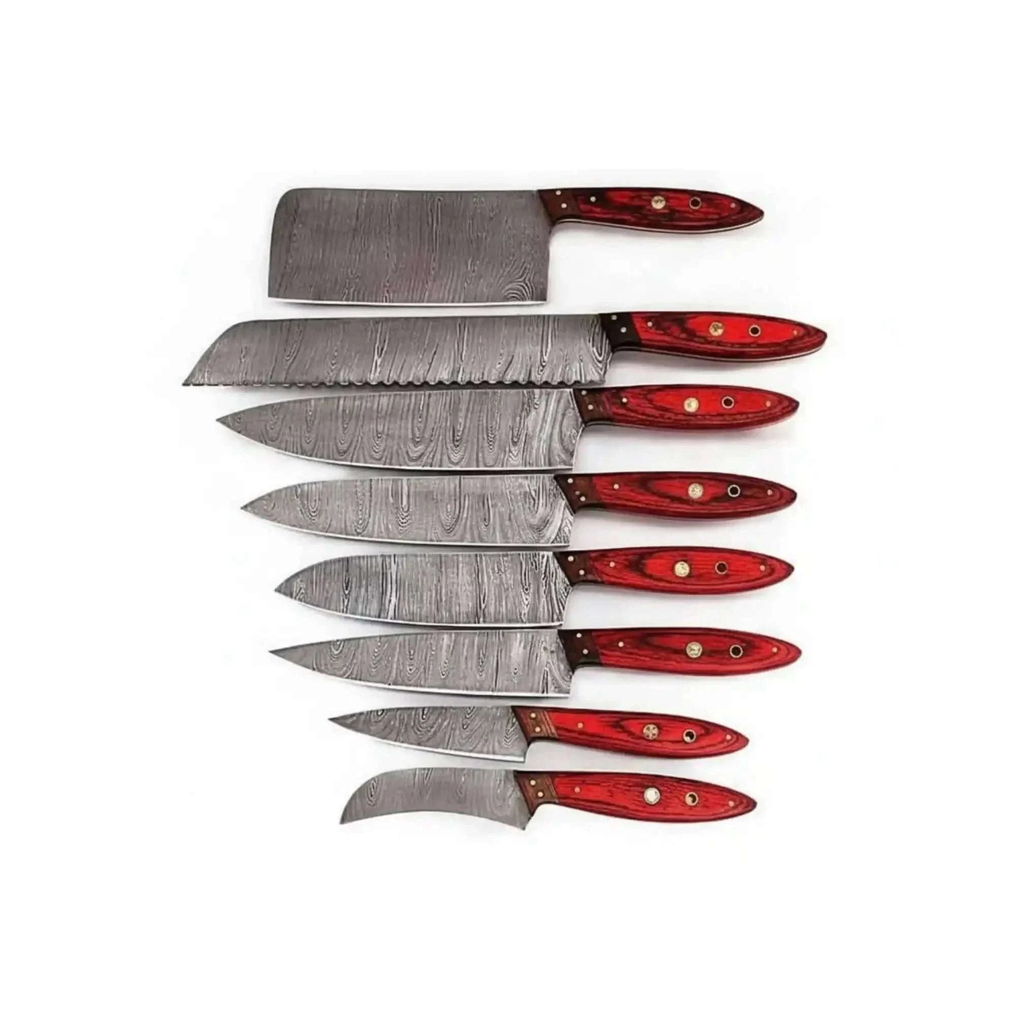 Palmarius Outdoors JW SteelCrafts Handmade Damascus Kitchen Knife Set of 8, Cleaver, Santoku, Gyuto Chef, Utility, Boning and Skinning Knives, Red Pakka Wood Handle, Full Tang Handmade Chef Knife Sets