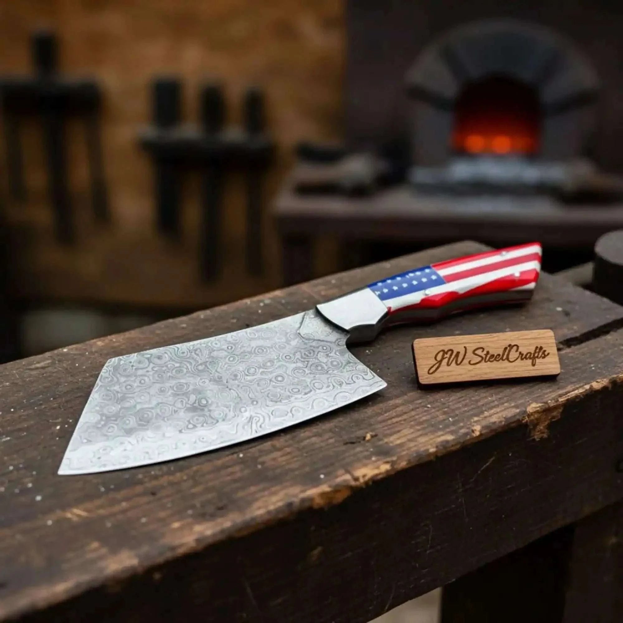 Palmarius Outdoors Damascus Steel Cleaver Knife with American Flag Resin Handle Cleaver Knives