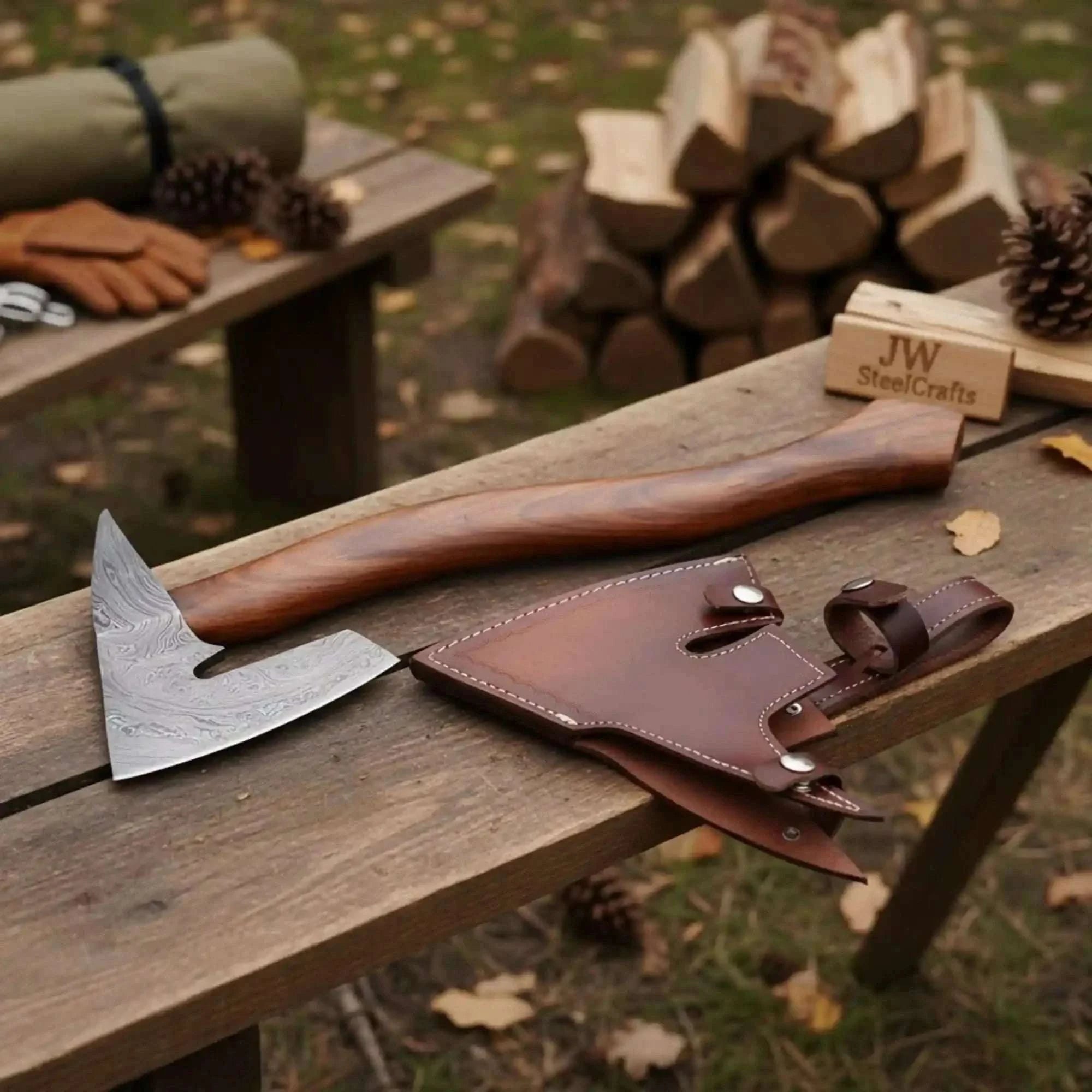 Palmarius Outdoors Rear Notch Bearded Axe with Angular Forged Damascus Head Handmade Axe