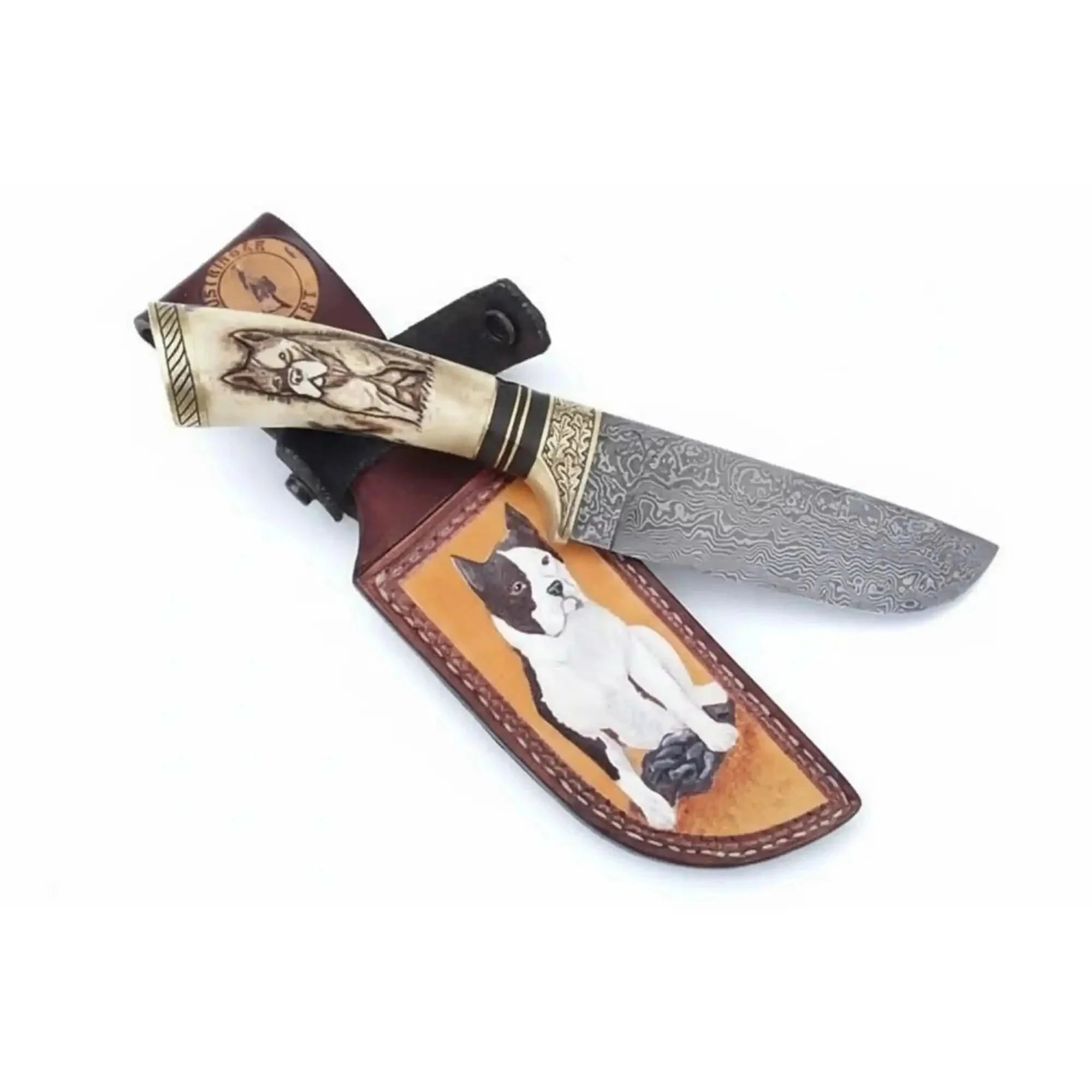 Palmarius Outdoors Damascus Steel Dog Engraved Bone Handle Hunting Skinner Knife – 10 Inch Overall l Skinner Knife