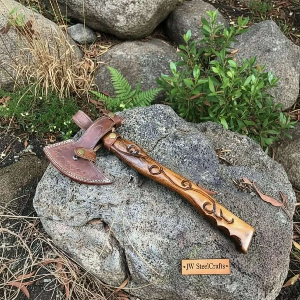 Palmarius Outdoors Handmade Damascus Steel Viking Bearded Axe – Pattern Welded Blade with Carved Hardwood Handle | JW SteelCrafts Handmade Axe
