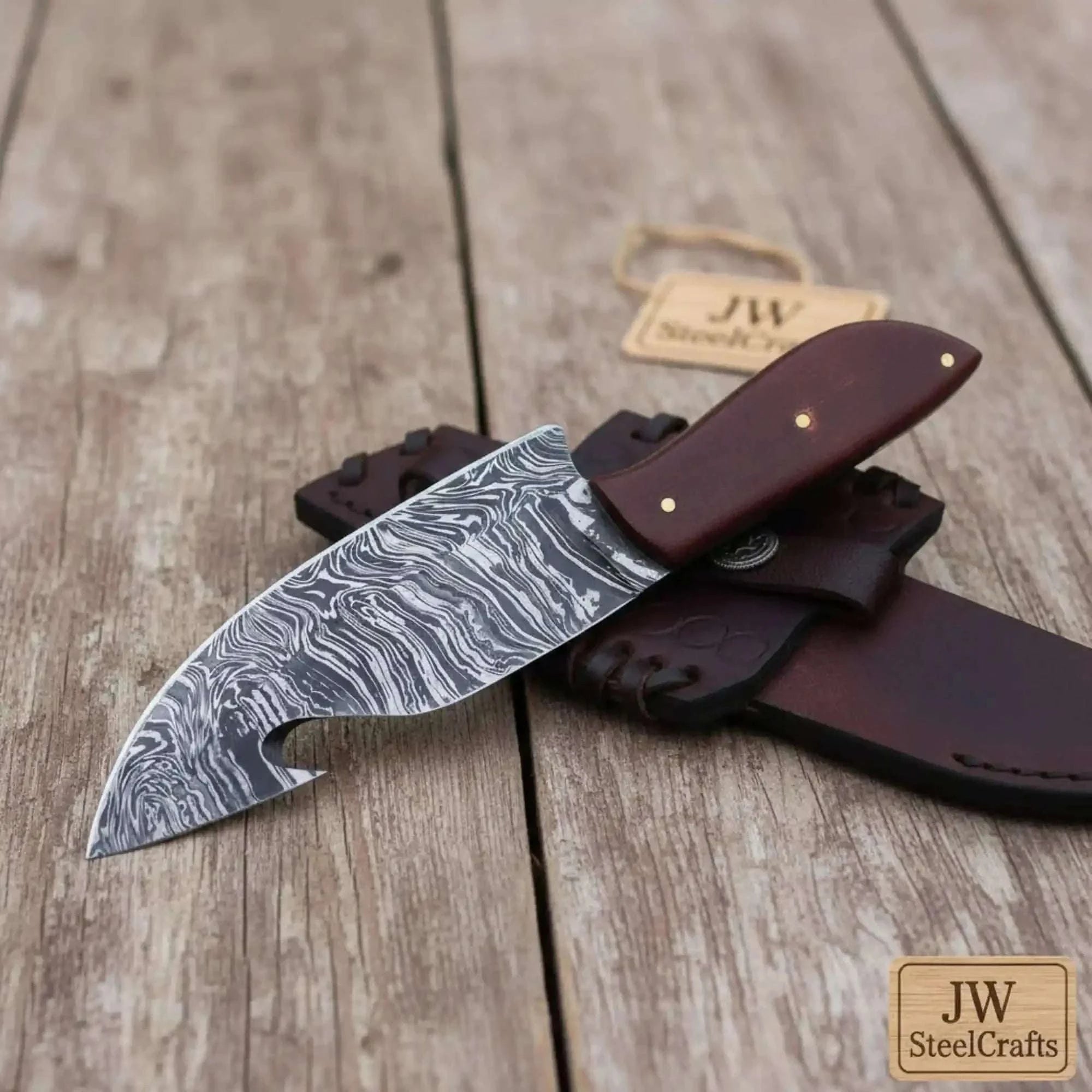 Palmarius Outdoors Damascus Steel Gut Hook Knife with Brown Micarta Handle Handmade Gut Hook Knives